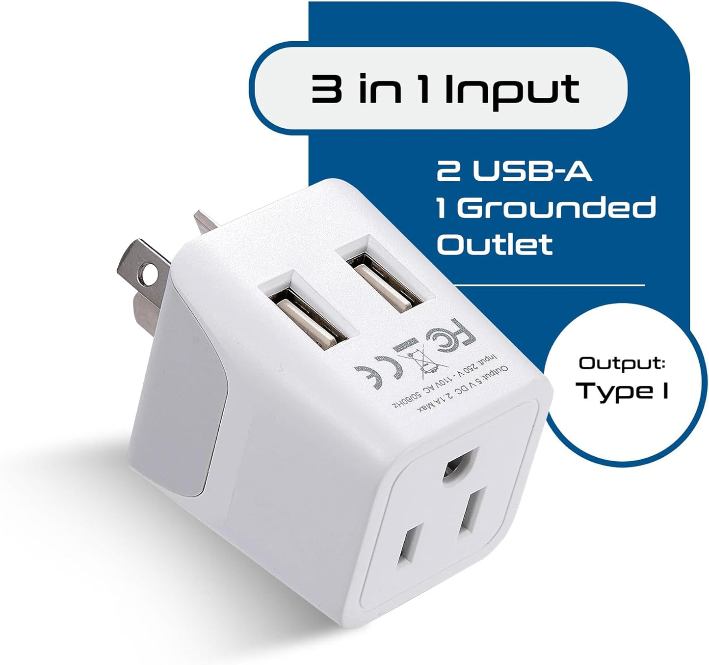 Ceptics Australia, New Zealand, China Travel Adapter Plug - Dual USB Input - Ultra Compact - USA to Type I - Perfect for Cell Phones, Chargers, Cameras, Tablets, and more (CTU-16)