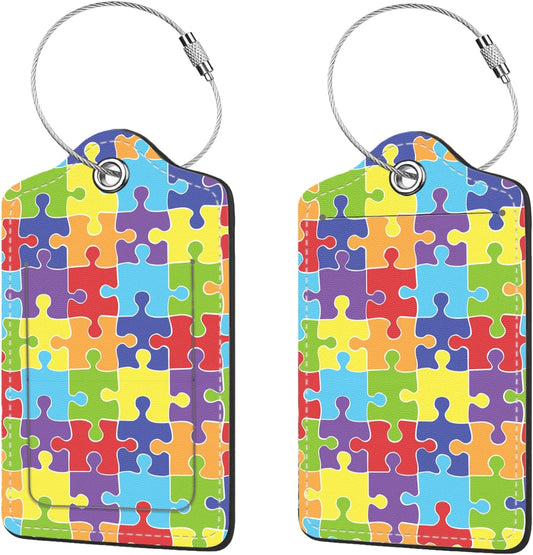 2 Pcs Luggage Tags for Suitcase, Cute Unique PU Leather Travel Bag Tag with Privacy Cover ID Label Address Card and Durable Metal Ring Suitable for Men Women Children Backpack,Jigsaw