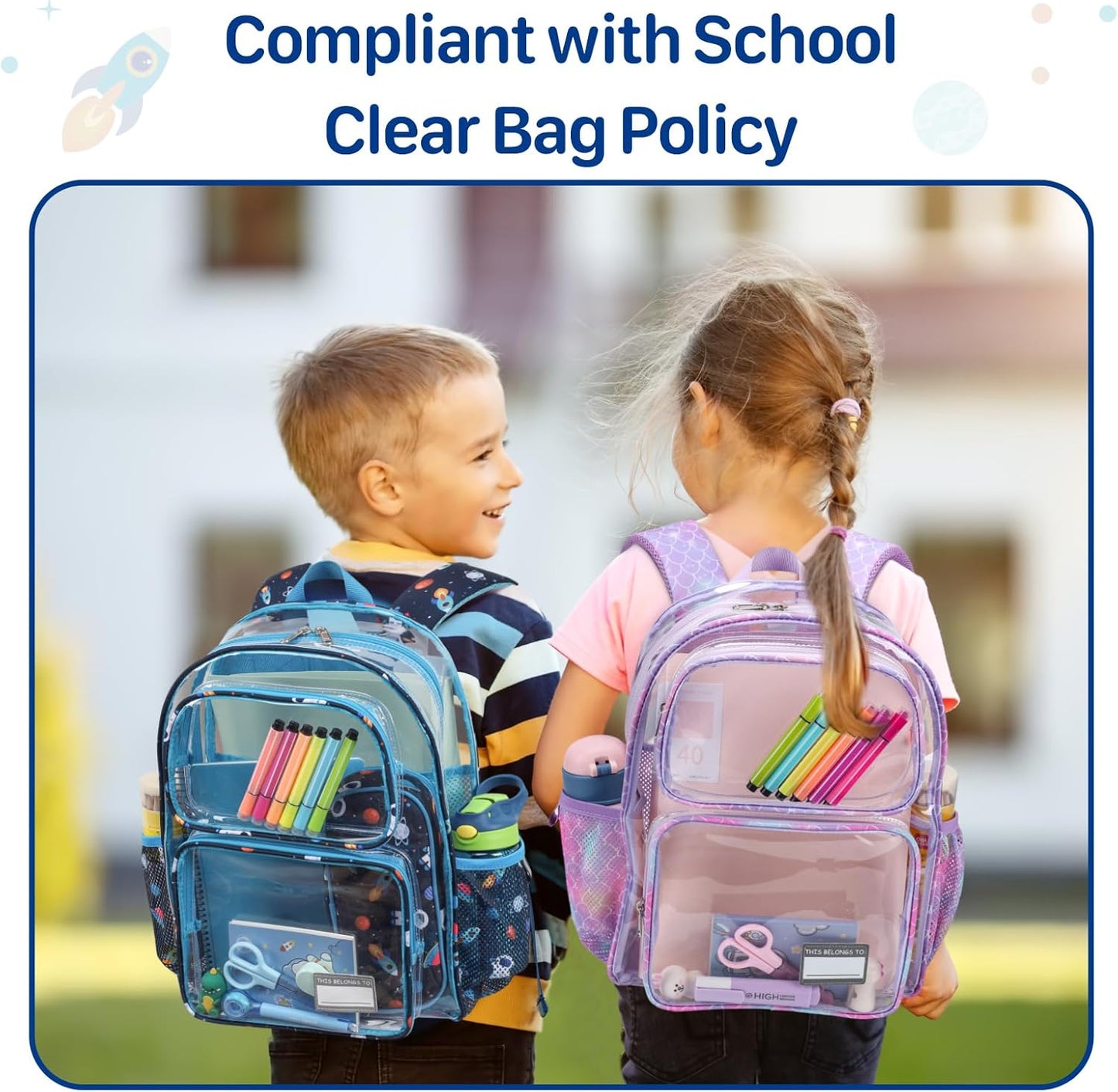 Bagseri 3pcs Clear Backpack for Boys - 15 Inch Backpack and Lunch Bag and Pencil Case Set, Heavy Duty Transparent Bookbag for School, See Through Bag for Kids Aged 3 to 8, Navy Space