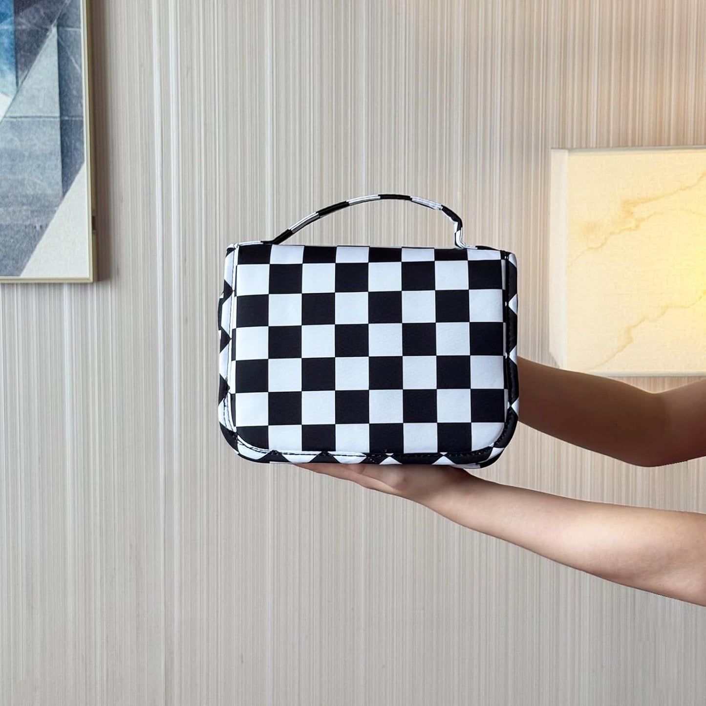 Crazy Bison Hanging Travel Toiletry Bag Kit Makeup Bag Cosmetics Organizer for Men Women (Black & White Checkerboard)