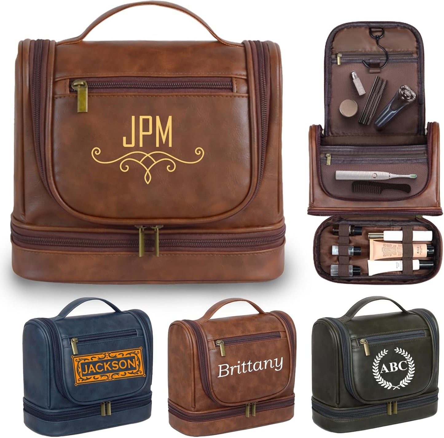 BLEGGEIT Personalized Hanging Toiletry Bag for Men, Large Capacity PU Leather Vintage Color Travel Dopp Kit, Gifts for Dad Husband Boyfriend Groomsmen, UV Printing Custom Name, Birthday Xmas Gifts