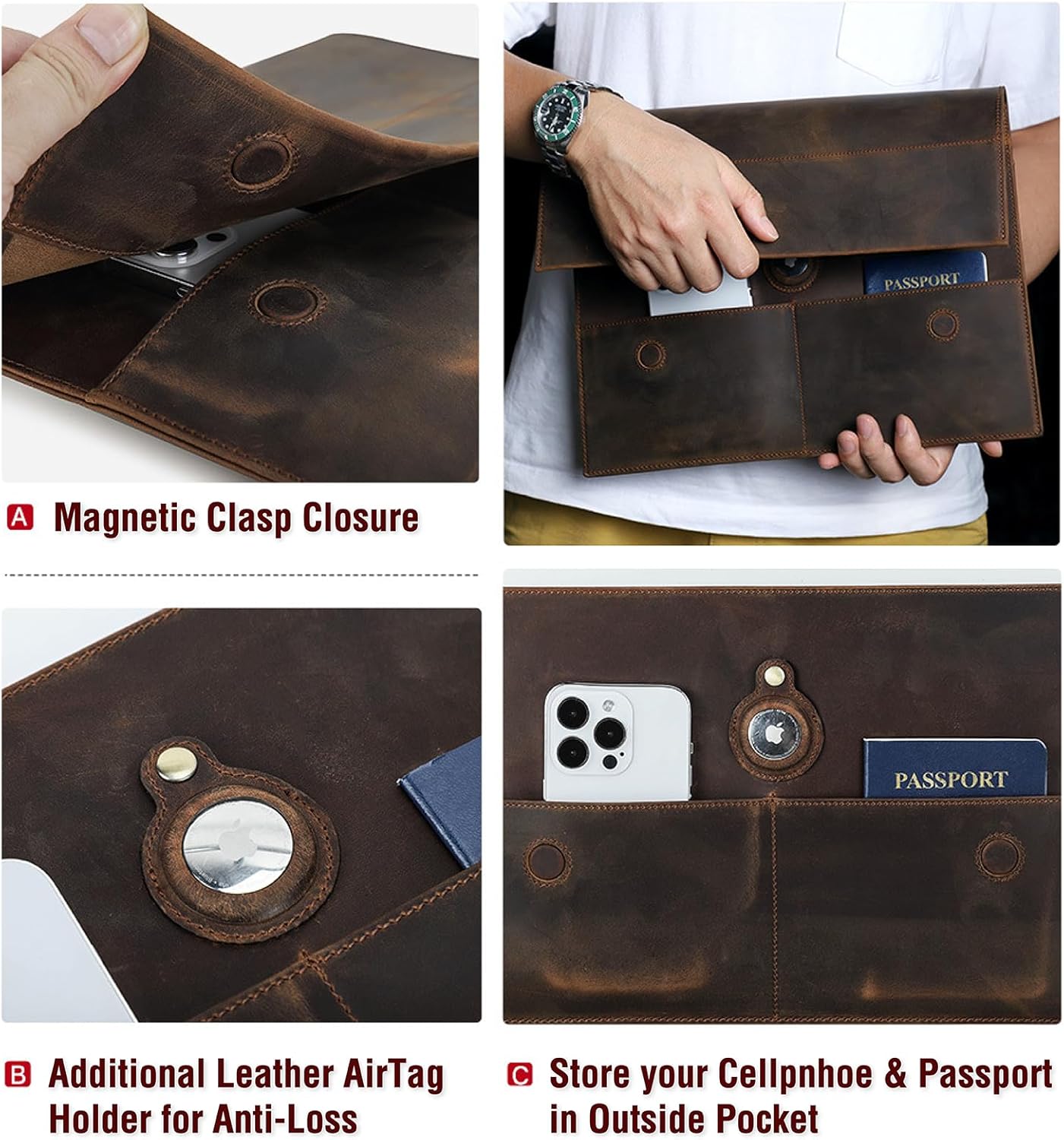 Top Grain Leather 13.3" Slim Laptop Sleeve Bag, Magnet Clasp Closure Design & 3 Pockets & Tracker Holder, Handmade, Compatible with MacBook Pro/Air 13.3"/Cellphone/Passport, Coffee 13.3 Inch
