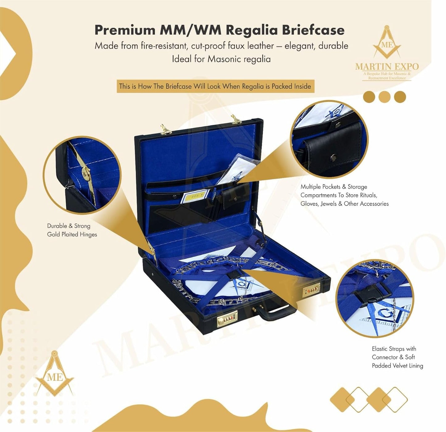 Masonic MM/WM Apron Hard Briefcase, Square Compass G Emblem – Freemason Bags & Cases 17.5'' 15.5'' 3'' (Inches)