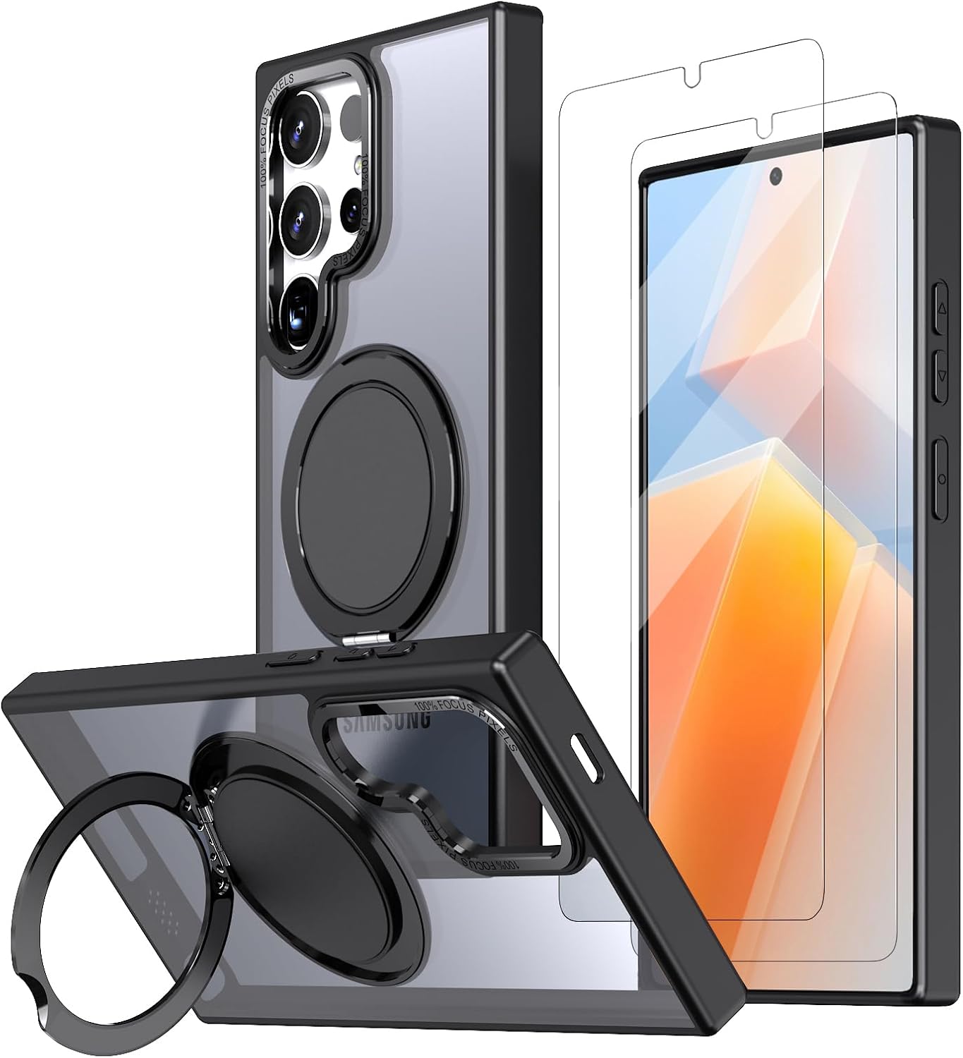 Magnetic Stand Case for Samsung Galaxy S24 Ultra 6.8" [with 2 Tempered Glass Film] [360° Rotation Magnetic Stand] [Compatible with Magsafe] Military-Grade Drop Protection Case, Black
