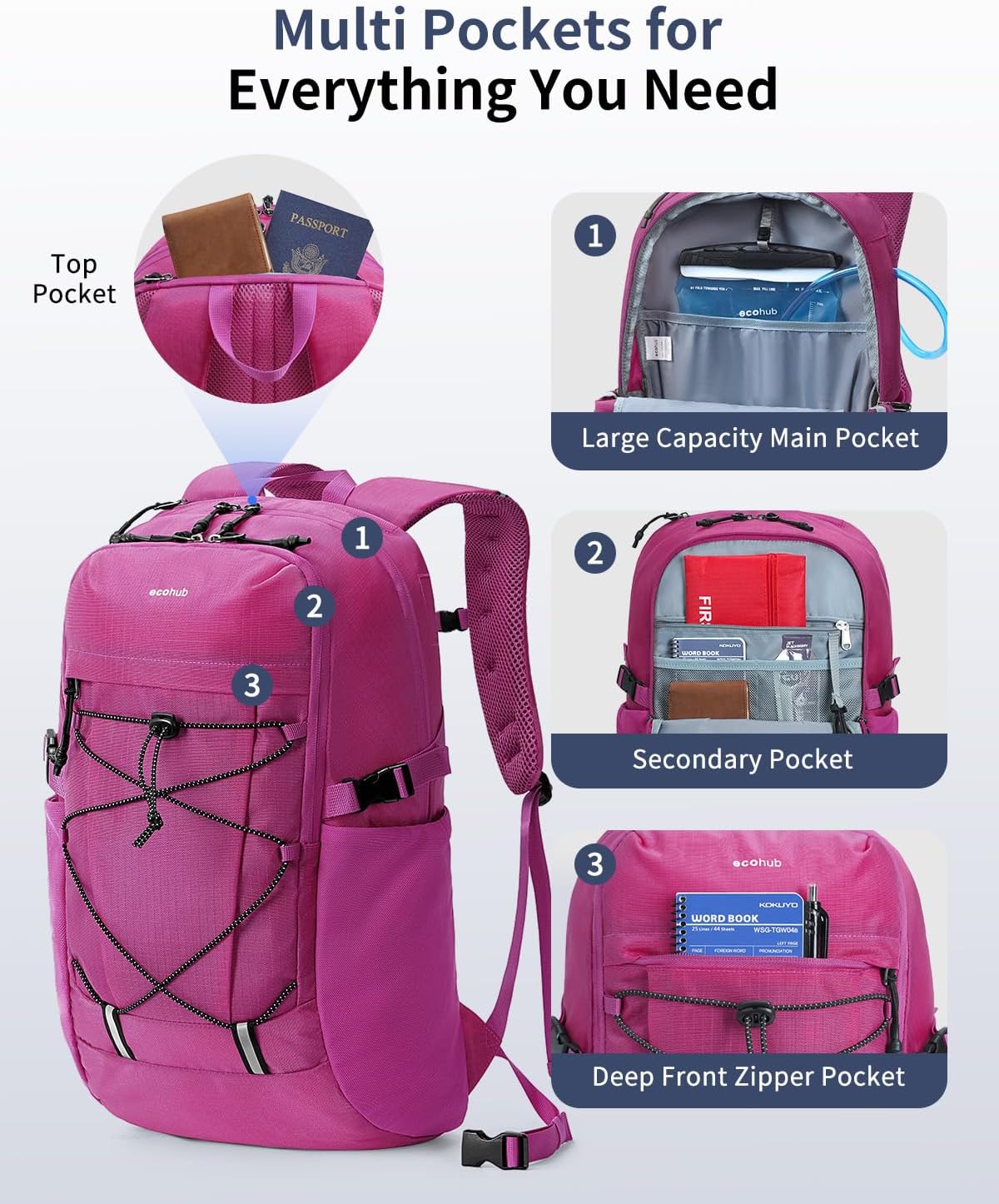 ECOHUB Hiking Backpack 30L Travel Backpack Lightweight Casual Daypack Water Resistant Camping Bag