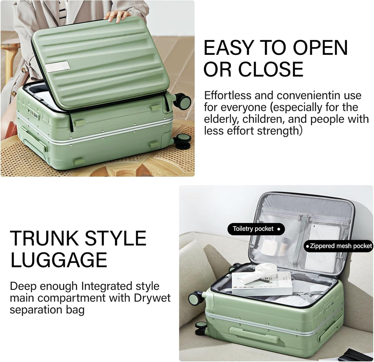 Hanke 24 Inch Checked Luggage PC Hard Shell luggage Top Opening Aluminum Frame Travel Luggage Suitcases with Wheels for Woman Men.(Bamboo Green)