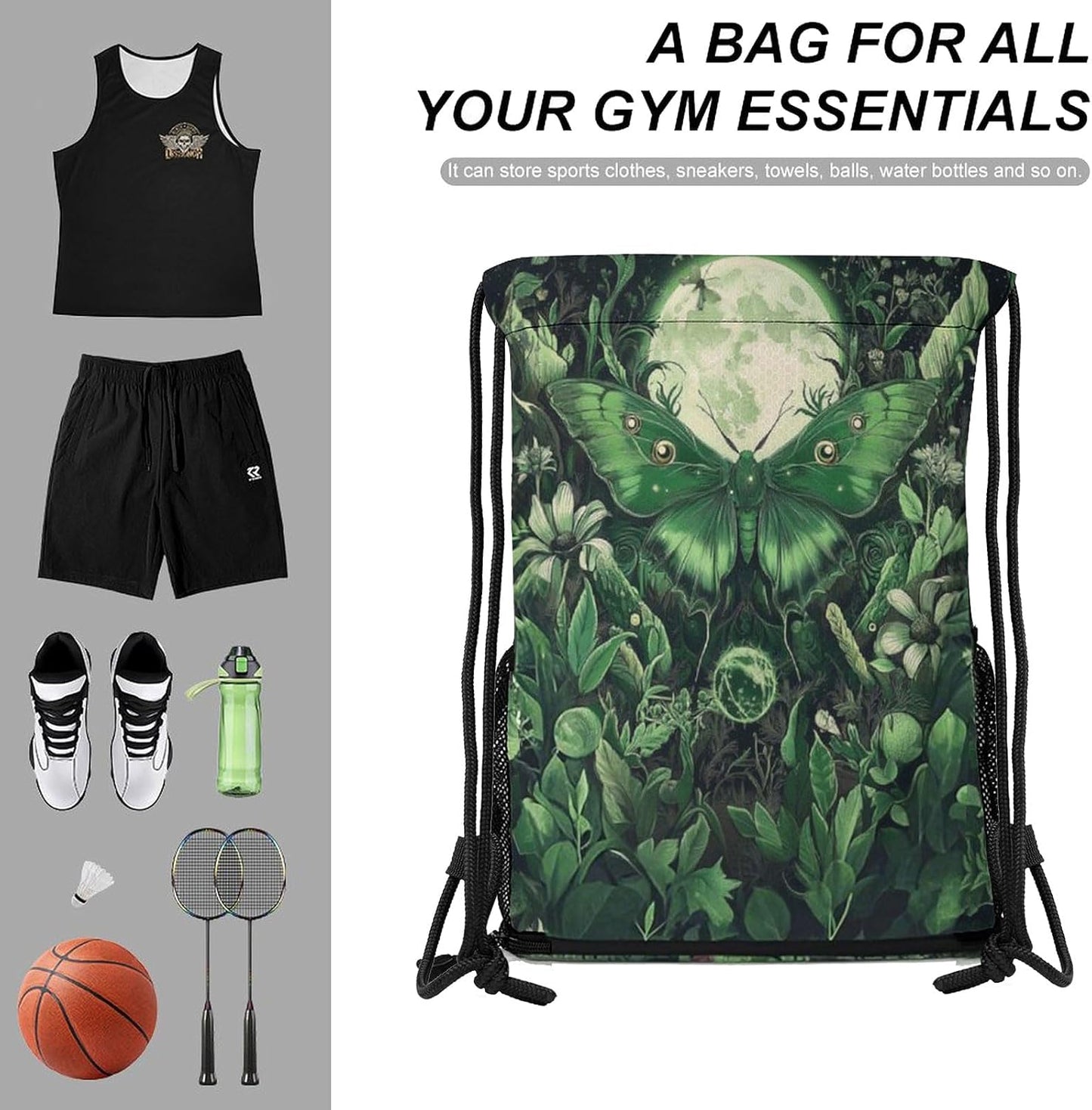 Magical Moth Drawstring Backpack Gym Bag With Shoe Compartment String Bag Sport Beach Swimming Sackpack For Women Men