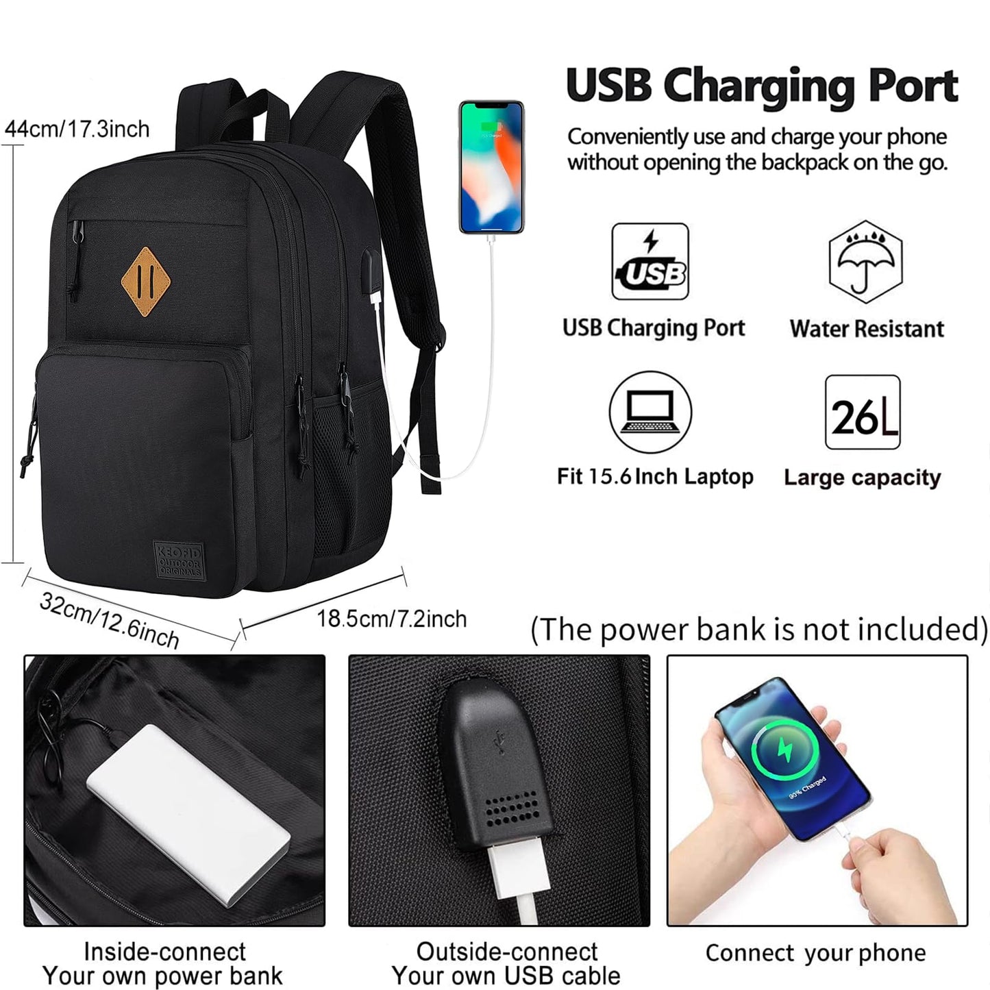 KEOFID Travel backpack for Men and Women, Anti Theft Laptop Backpack with USB Charging Port for