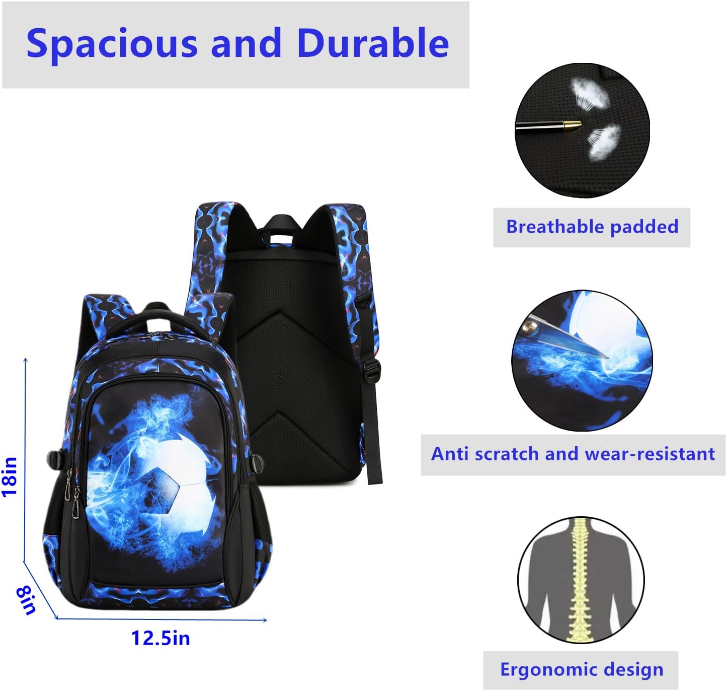 Boys Backpack Kids Bookbag Durable Elementary Middle School Bags Soccer 18in (X-Blue)