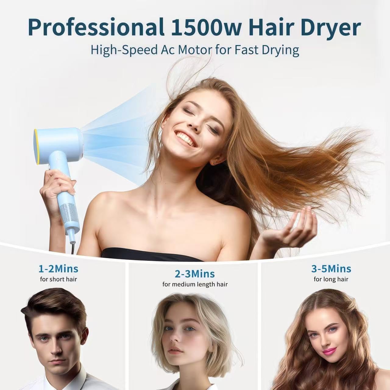 High Speed Hair Dryer,200 Millions Negative Ionic Blow Dryer,Powerful 1500W Fast Drying Low Noise Blow Dryer,Temperature-Control Hairdryer with Diffuser & Nozzle (Blue)