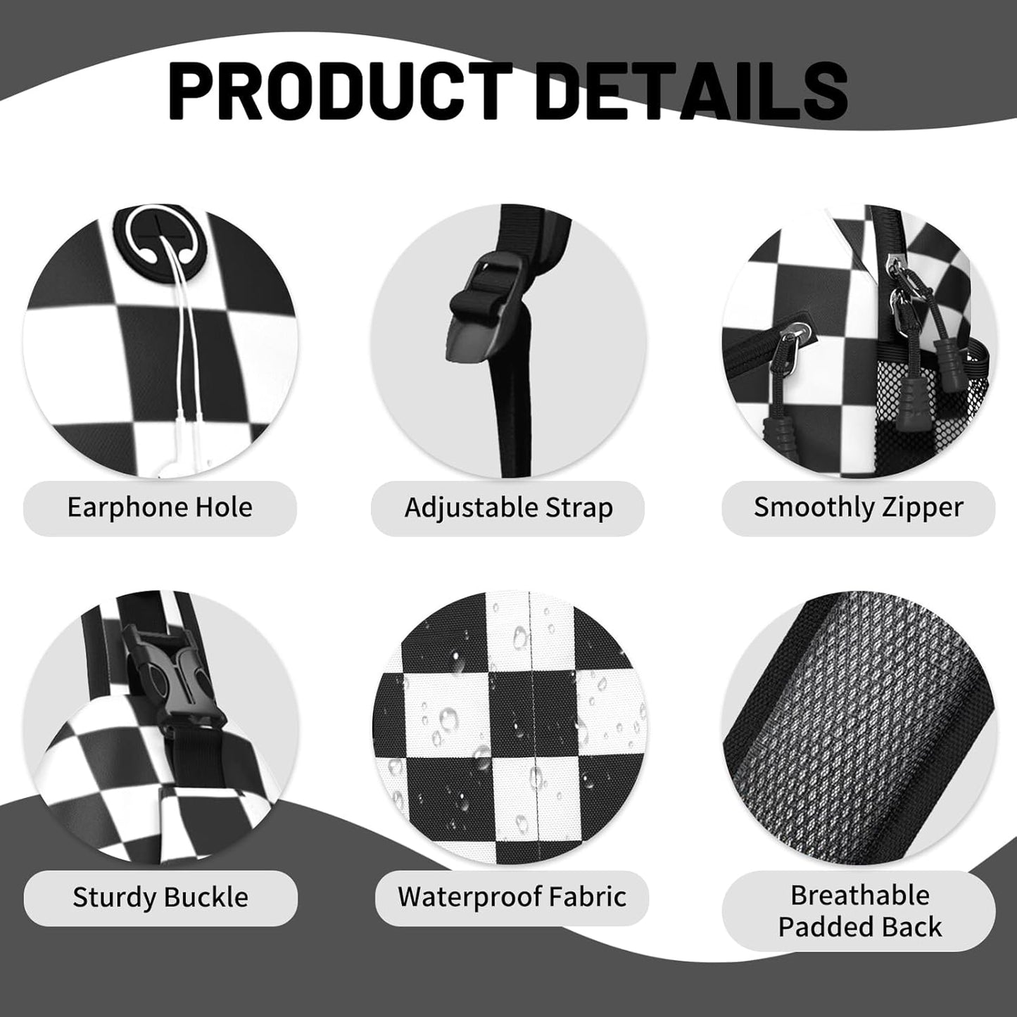 Black White Checkered Sling Bag Crossbody Chest Bag for Women Men, Water Resistant Lightweight Casual Crossbody Bag with Adjustable Strap, Travel Hiking Daypack Shoulder Backpack