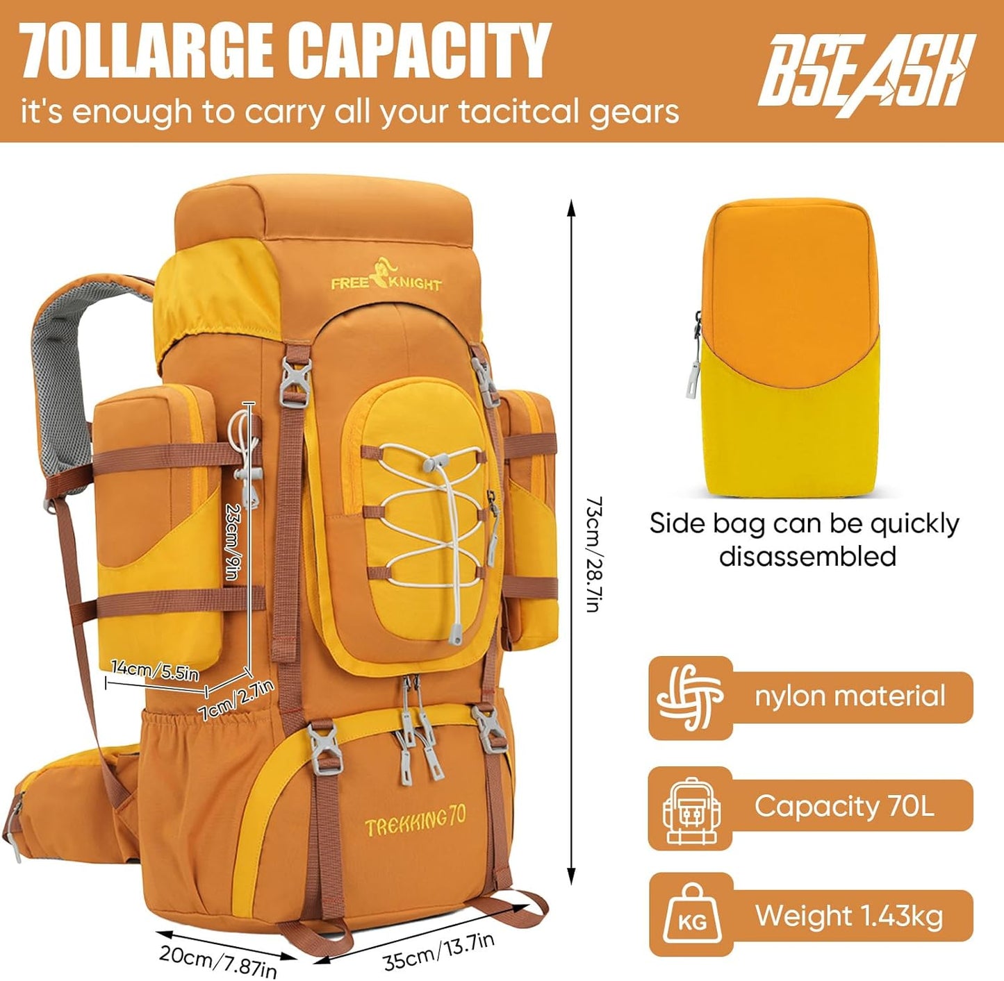 Bseash 70L (65+5) Waterproof Hiking Camping Backpack with Rain Cover, Outdoor Sport Travel Daypack for Climbing Touring (Yellow)
