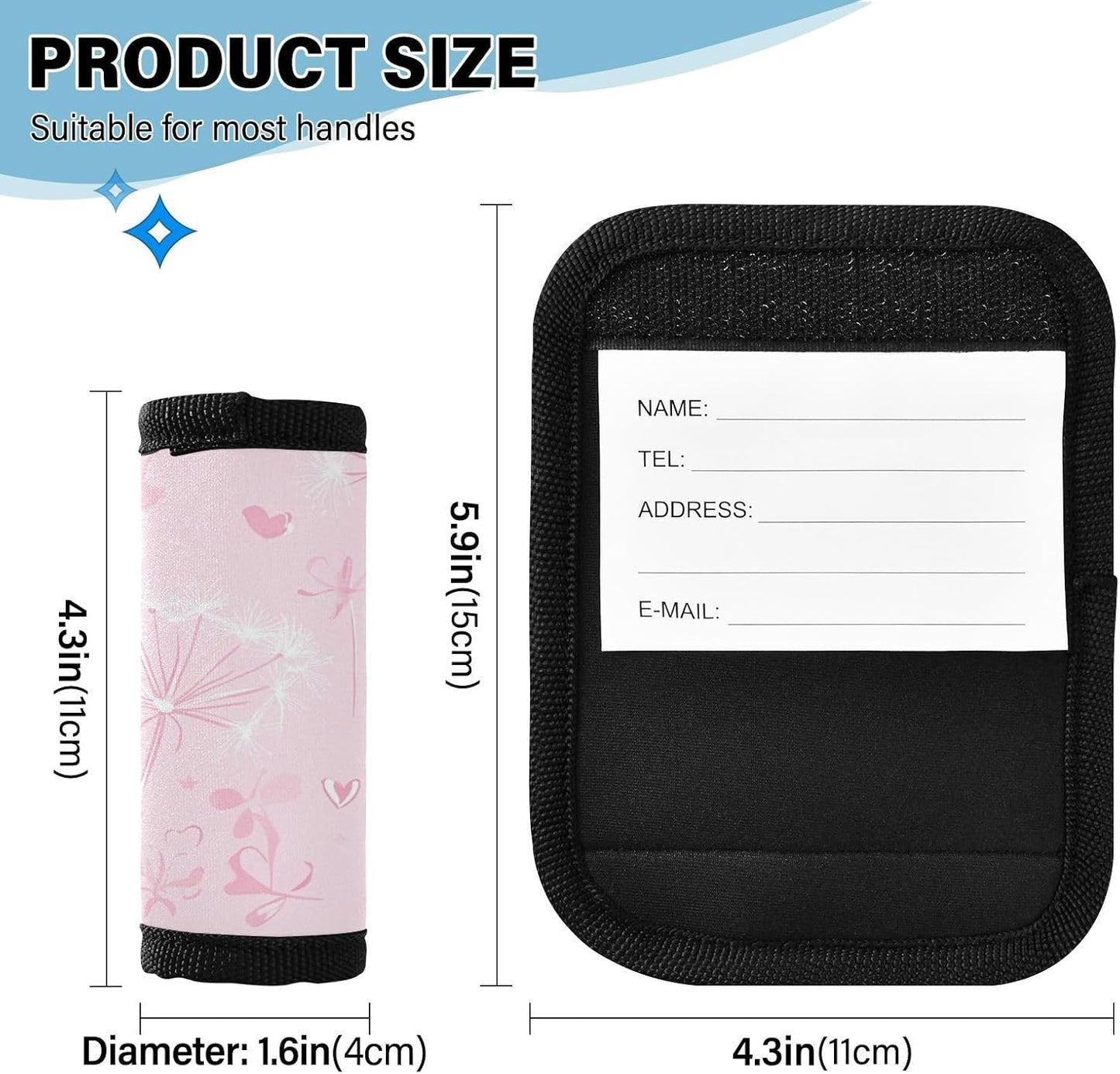 Pink Dandelions and Hearts Stars 2 Pack Luggage Handle Wraps Covers for Suitcase Identifiers Bag Tags Travel Accessories