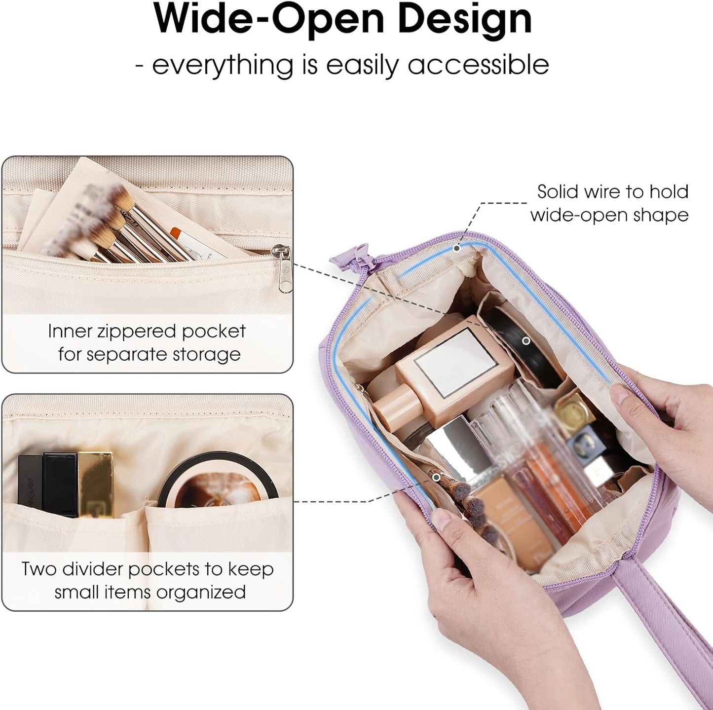 Narwey Makeup Bag Women Wide-open Make up Bag Travel Cosmetic Bag Organizer Toiletry Bag for Cosmetics Toiletries Accessories (Purple)