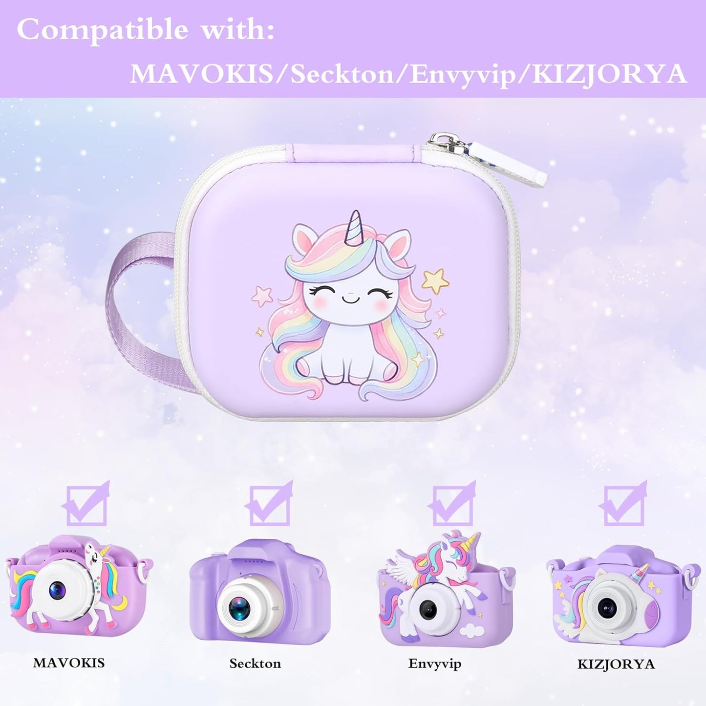 Kids Camera Case Compatible with MAVOKIS/Envyvip/Seckton/KIZJORYA/Goopow Digital Video Camera Toys Camcorder Storage Holder Carrying - Purple Unicorn(Case Only)