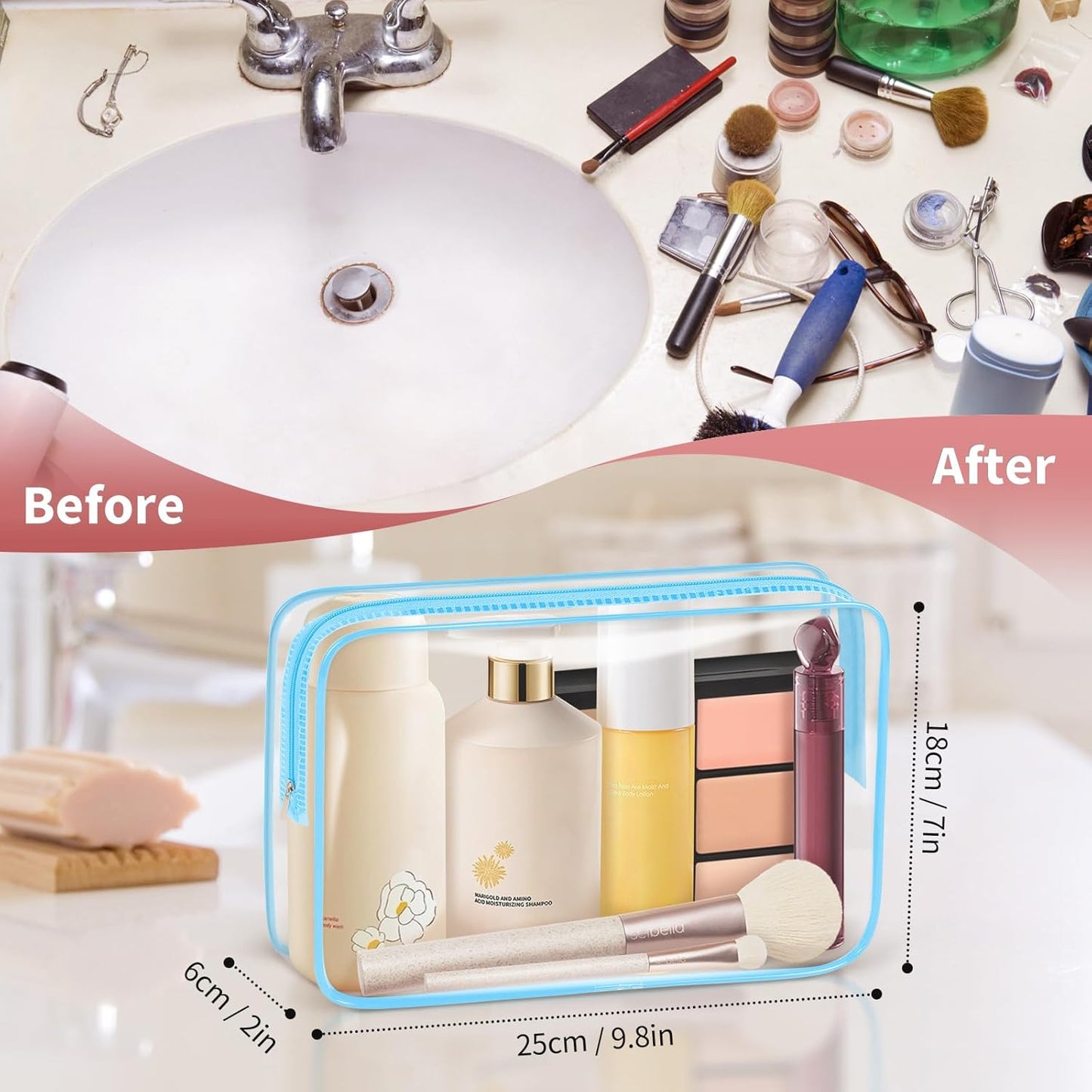 TISRATOK 12 PCS Clear Makeup Bag for Women with Zipper, TSA Approved Toiletry Pouch, Cosmetic Bag Bulk for Travel Organizer Essentials - Blue,Large