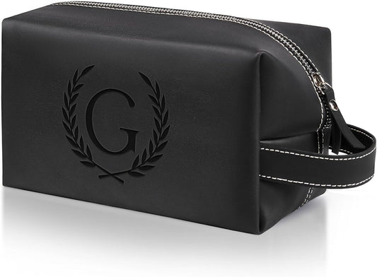 Personalized Gifts Travel Toiletry Bag for Men Engraved Initial PU Leather Waterproof Shaving Bag for Toiletries Accessories Fathers Day Birthday Gift for Men Dad Husband Son, Black G