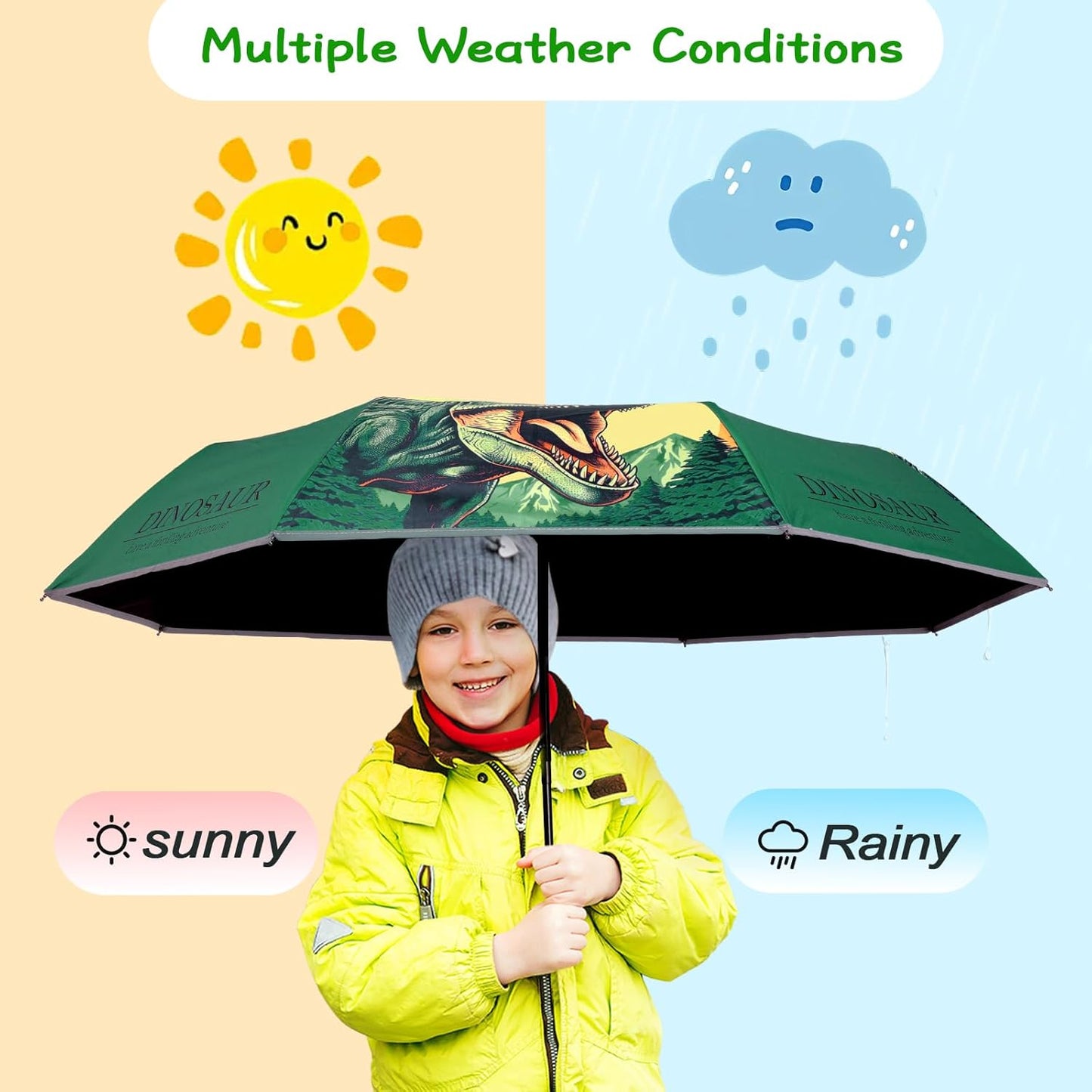 Kids Folding Umbrella Auto Open/Close Anti-rebound Safe Design UV Resistant Automatic Children Travel Umbrellas 8 Rib Reinforced Canopy 360° Reflective Strip Lightweight Cute Umbrella for Girls & Boys