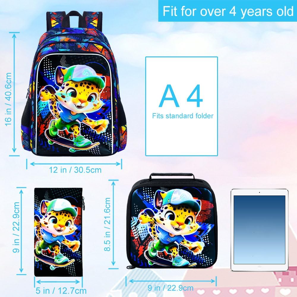 3PCS Dinosaur Backpack for Boys, 16 Inch Kids Water Resistant Preschool Elementary Kindergarten Bookbags and Lunch Box