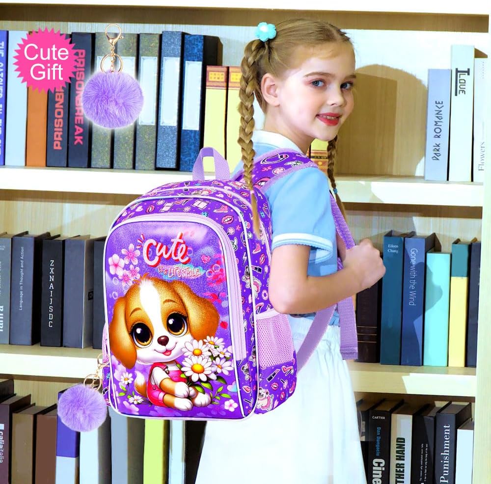 3PCS Girls Dog Backpack, Water Resistant Kids Bookbag Set with Lunch Box, Cute School Bag for Preschool Toddler