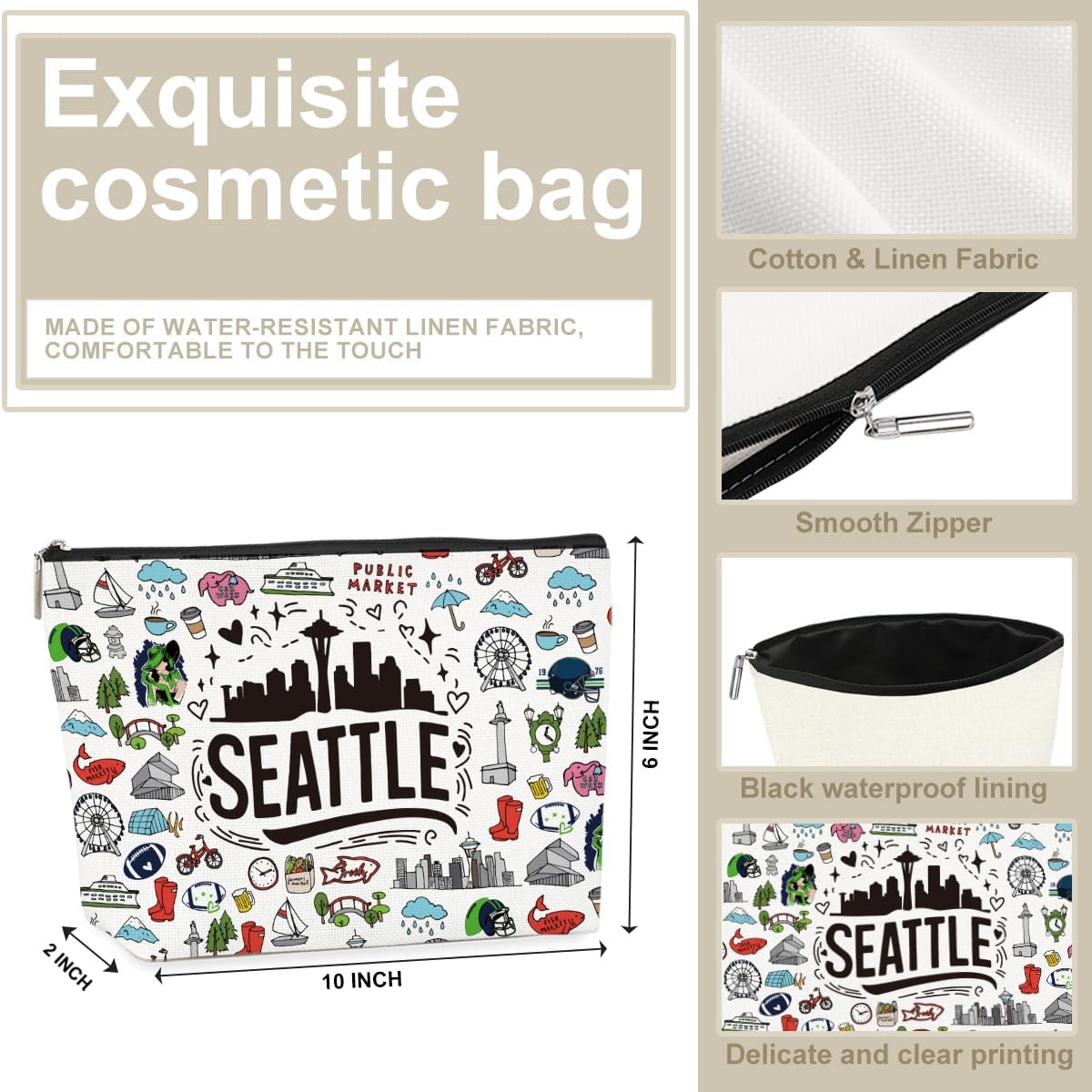 Seattle Themed Makeup Bag - Seattle Souvenirs Gift for Women, Best Friend, Sister - Travel Friendly Cosmetic Bag, Birthday Christmas Gifts