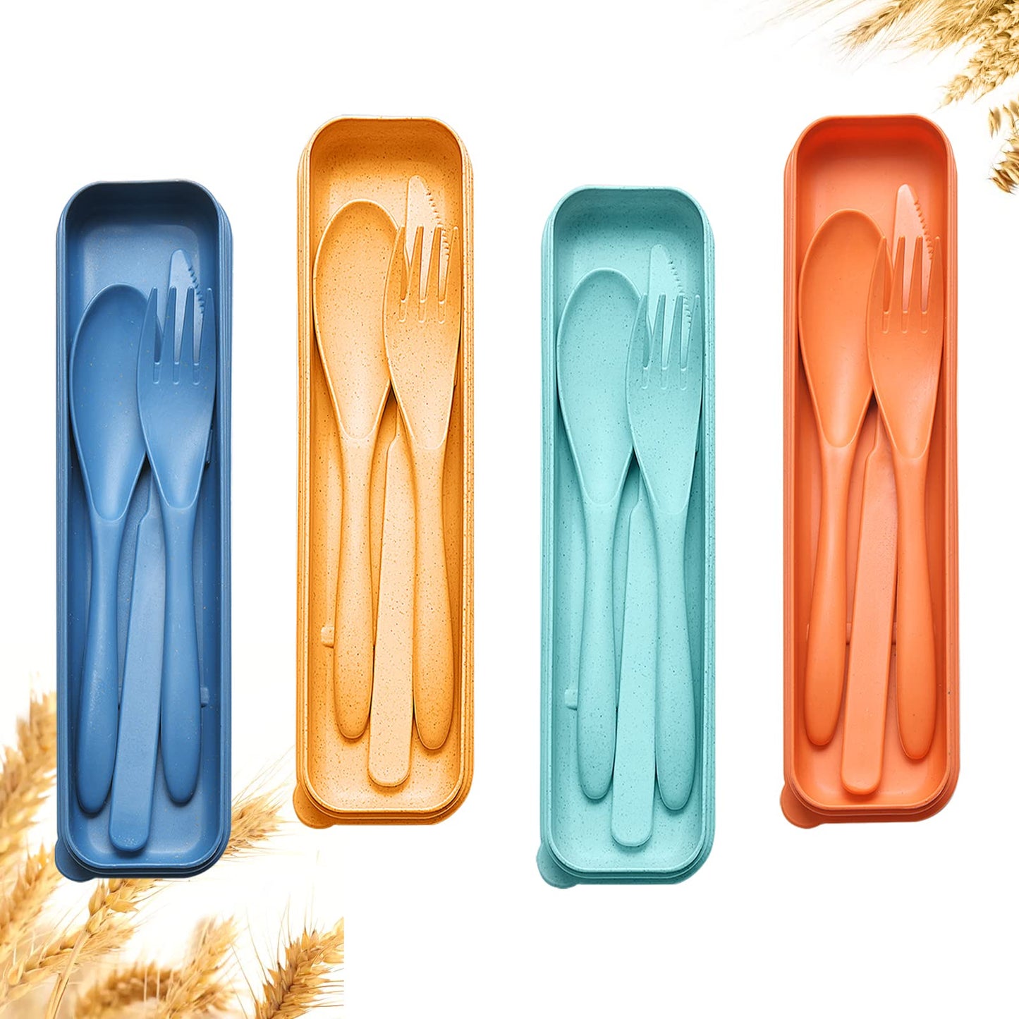 Reusable Travel Utensils Set with Case, 4 Sets Wheat Straw Portable Knife Fork Spoons Cutlery