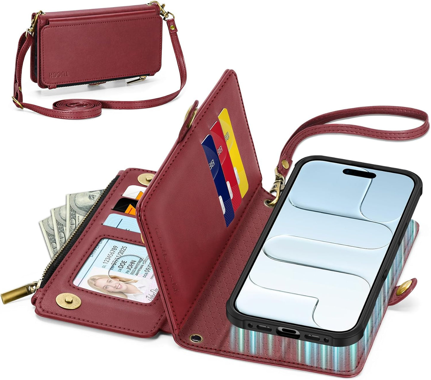 TUCCH Detachable Crossbody Case Wallet for iPhone Air 6.5", Wireless Charging | RFID Blocking 9 Card Holders | Lanyard | Wrist Strap | Stand | Zipper Pocket | PU Leather | Magnetic Cover | Dark Red