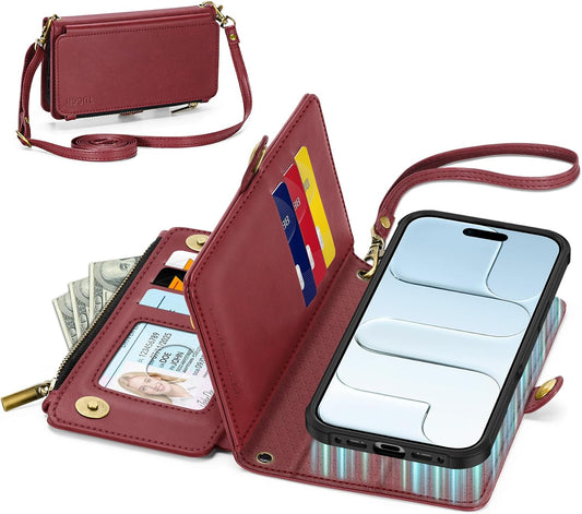 TUCCH Detachable Crossbody Case Wallet for iPhone Air 6.5", Wireless Charging | RFID Blocking 9 Card Holders | Lanyard | Wrist Strap | Stand | Zipper Pocket | PU Leather | Magnetic Cover | Dark Red