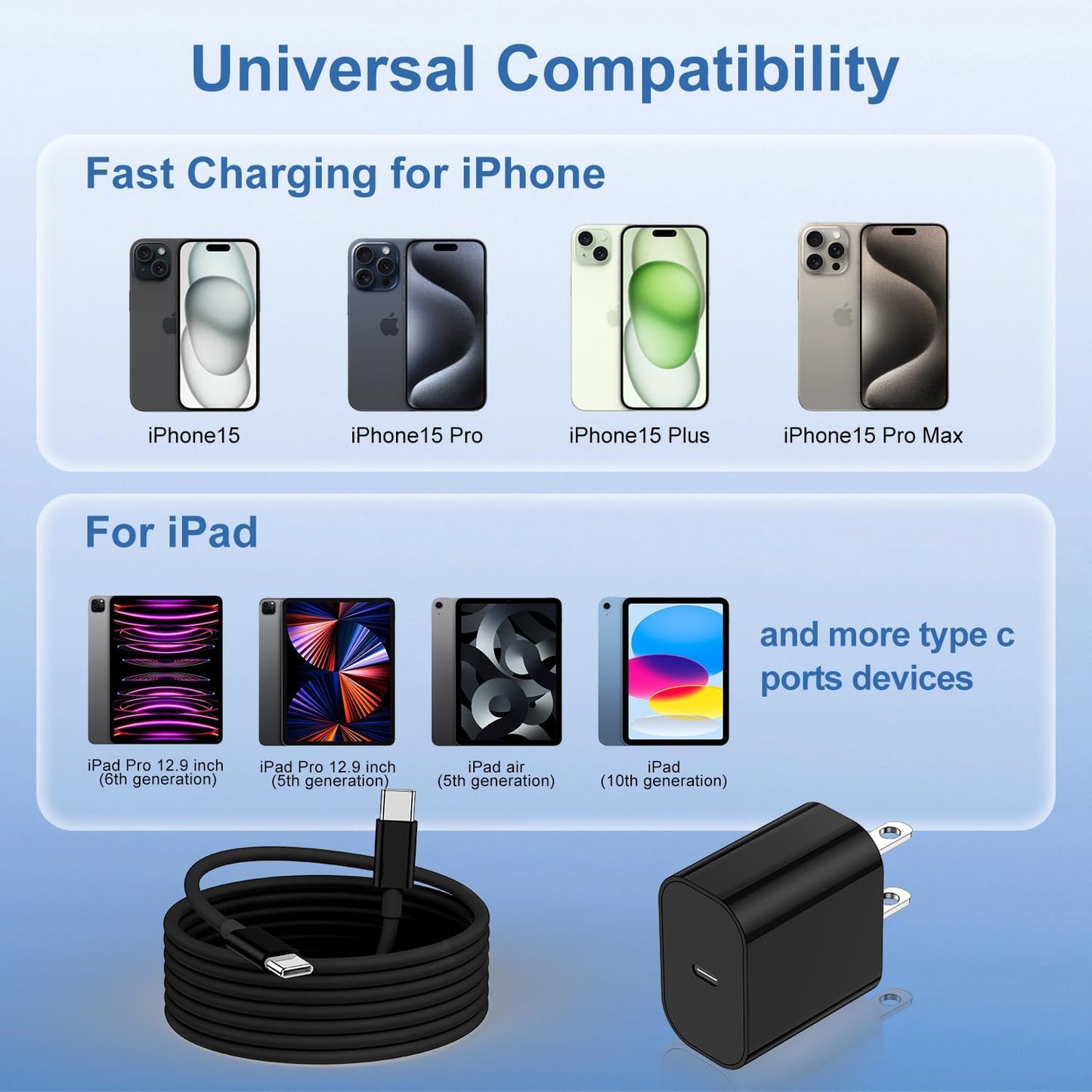 iPhone 17 16 15 Fast Charger Block and 10ft USB C to C Cable Cord Long for Apple iPhone 17 Pro Max/17 Air/16e/16 Plus/15/iPad Mini/Samsung,Type C Wall Charging Power Adapter Plug Cube Brick-Black