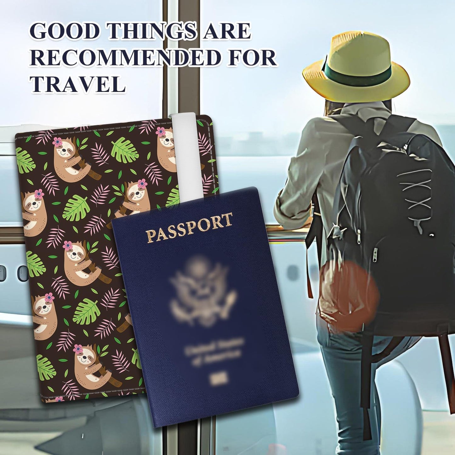 Passport Holder for Travel Essentials, RFID Premium Leather Passport Wallet Cover Case for Travel Must Haves Accessories, Passport Book Holders for Women Men Brown Boho Sloth
