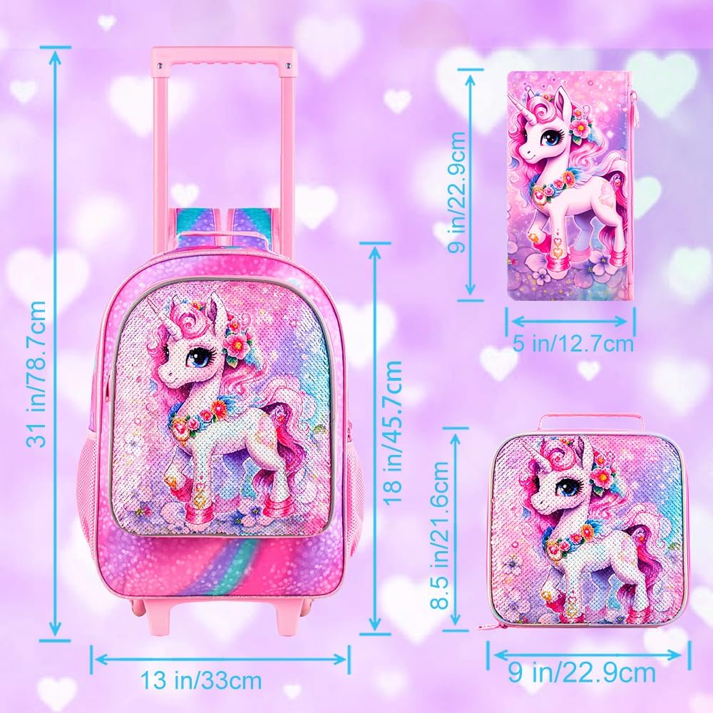 3PCS Rolling Backpack for Girls and Boys， Kids Unicorn Dinosaur Wheeled Bookbag