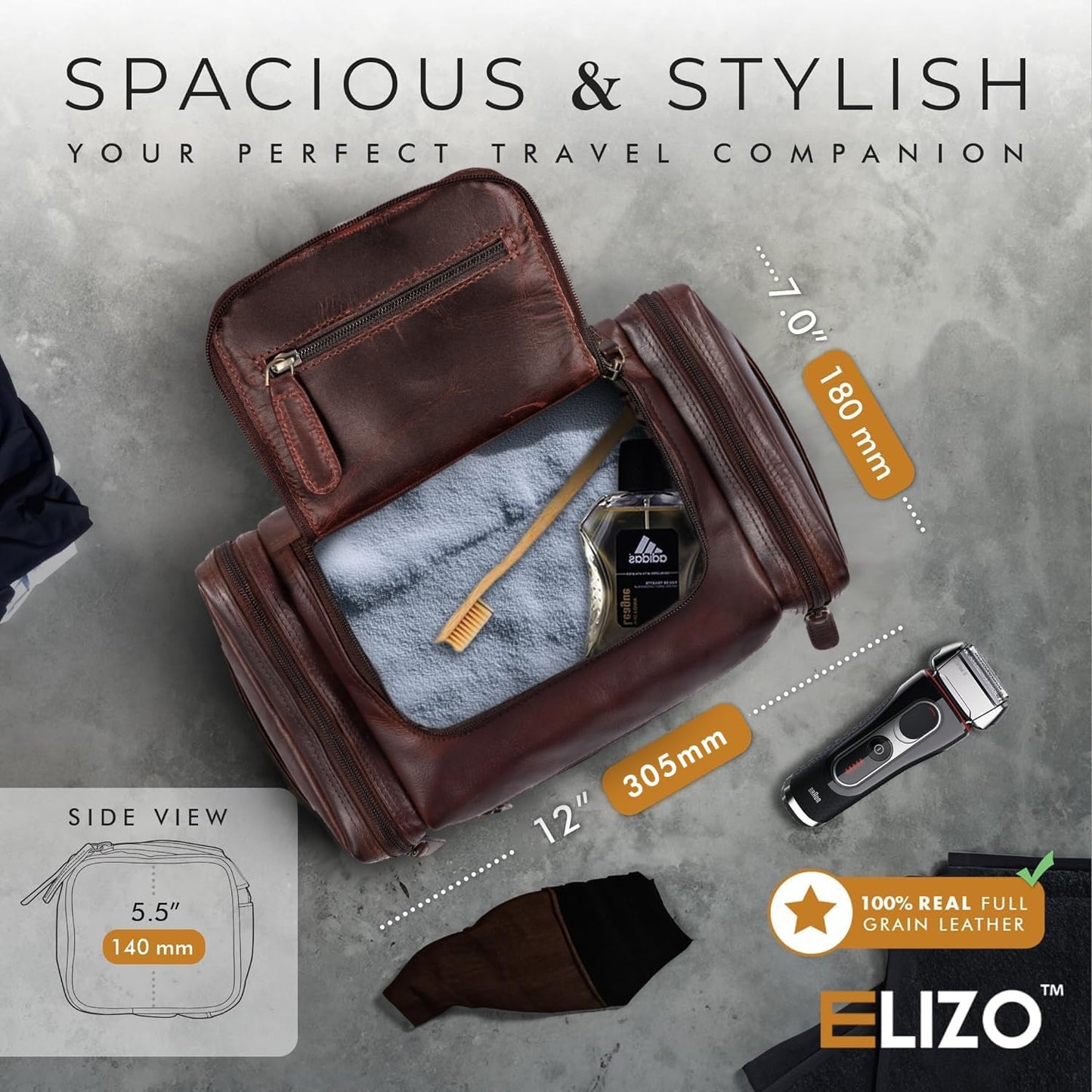 ELIZO Genuine Leather Toiletry Bag for Men Mens Toiletry Bags for Traveling Waterproof Hanging Leather Extra Large Toiletry Bag Travel Organizer for Toiletries