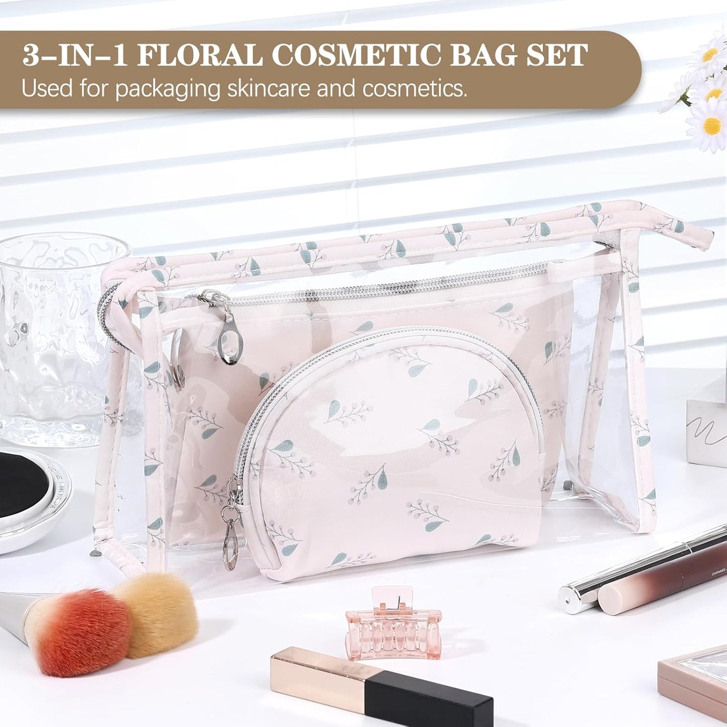 Richeart Makeup Bag, Clear Bag with Zipper, 3PC Floral Flowers Makeup Pouch, Waterproof Small Pouch, Portable Travel Toiletry Bag, E