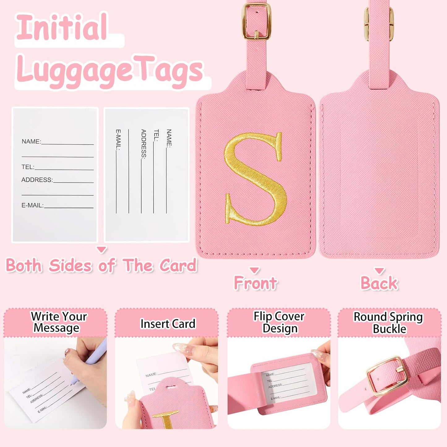 Personalized Initial Luggage Tags for Suitcases, Cute PU Leather Embroidered Letter Travel Luggage