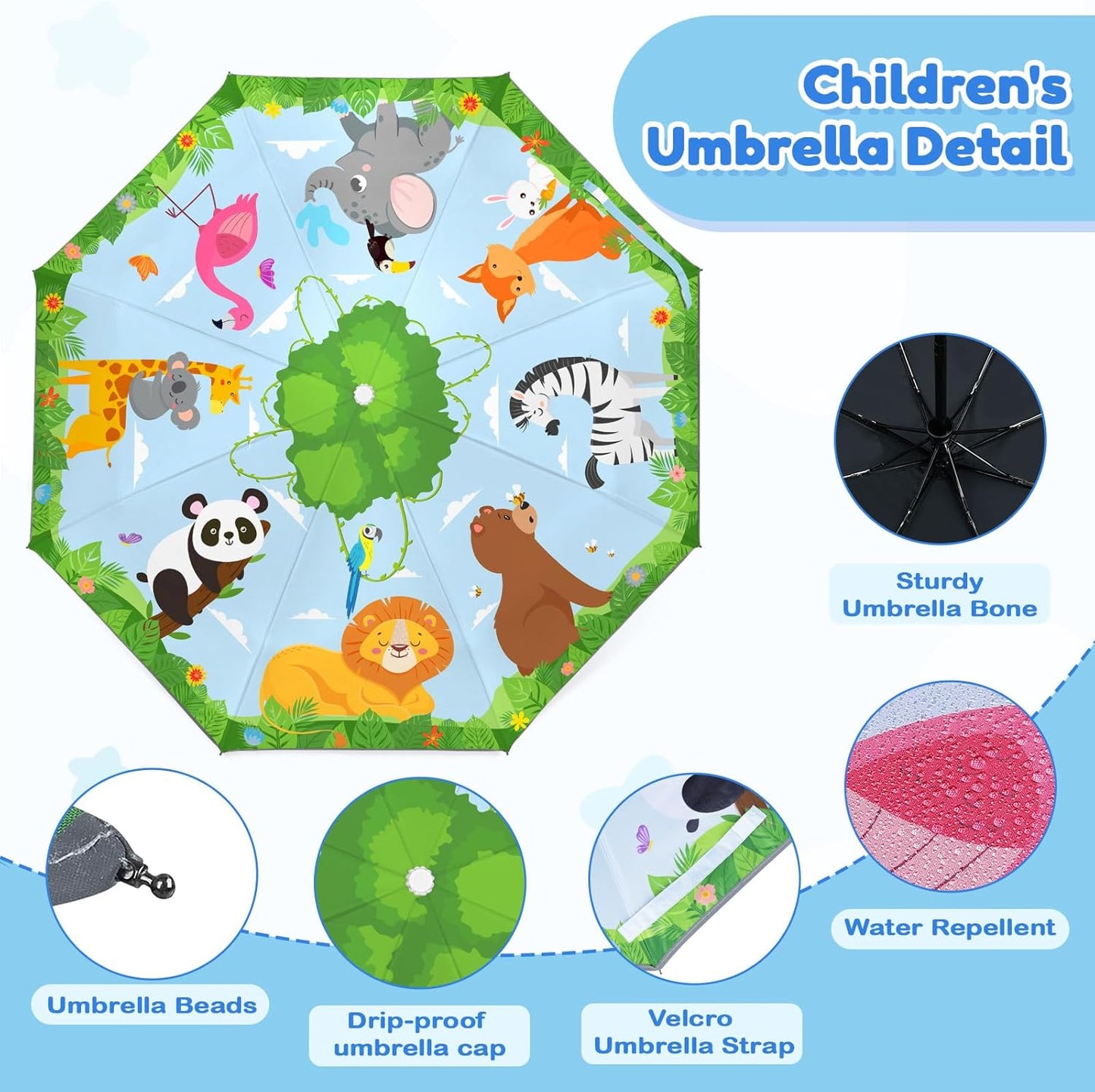 Autoamtic Kids Umbrella UV Resistant, Folding Compact Umbrella 360° Reflective Strip for Travel Outdoor, Lightweight Cute Kids Parasol Anti-rebound Safe for Toddler