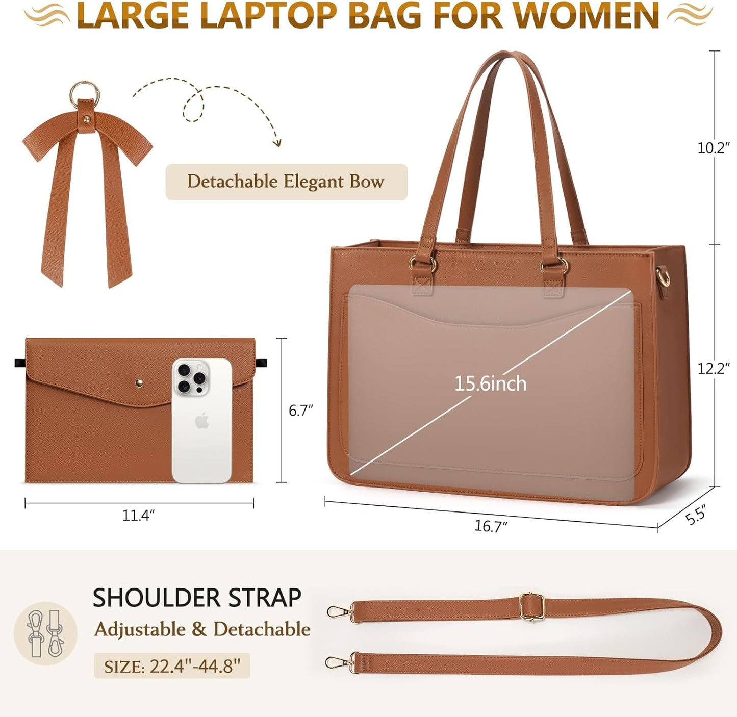 RAINSMORE Laptop Bag for Women 15.6 Inch Work Tote Bags Leather Laptop Tote Waterproof Computer Bag