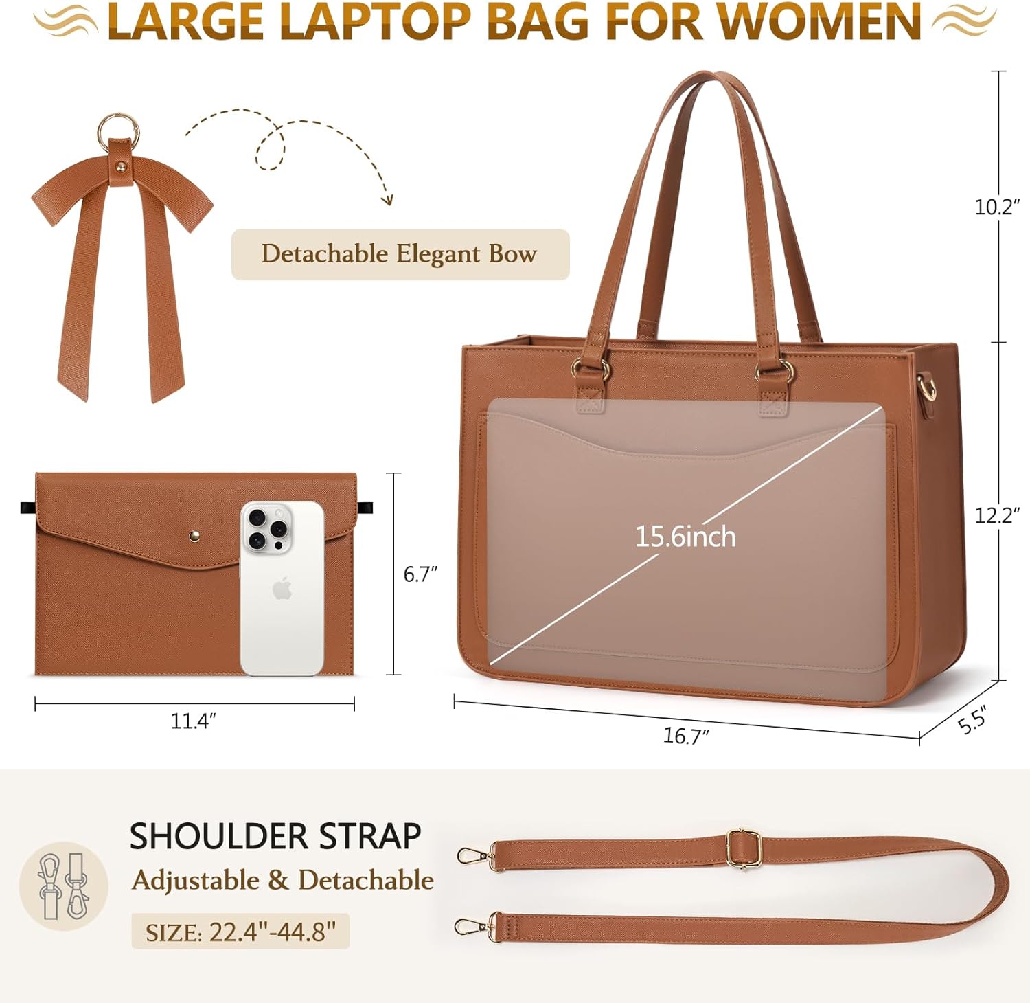 RAINSMORE Laptop Bag for Women 15.6 Inch Work Tote Bags Leather Laptop Tote Waterproof Computer Bag