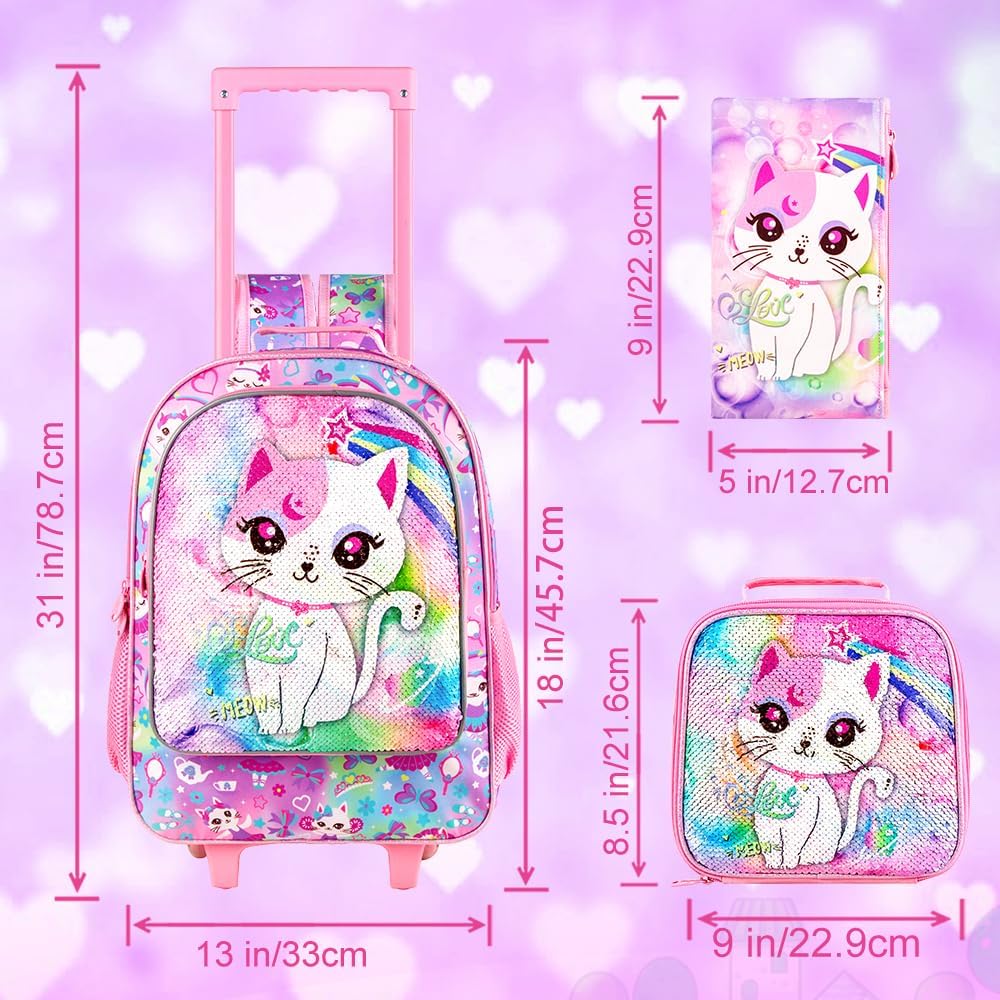 3PCS Rolling Backpack for Girls and Boys， Kids Unicorn Dinosaur Wheeled Bookbag