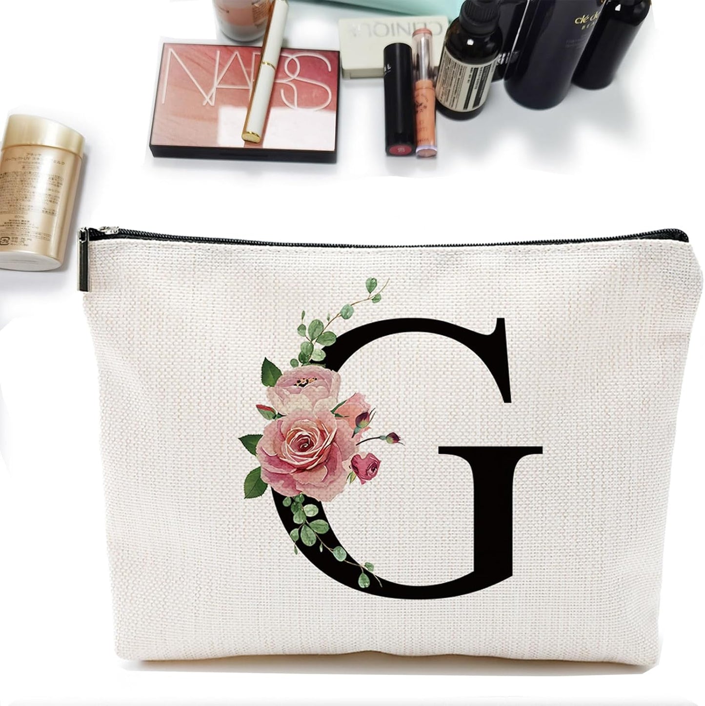 Initial A-Z Personalized Letter Makeup Bag, Monogrammed Bridesmaid Gifts/Presents Cosmetic Bag, Portable Stationery Storage Organizer Pouch, Friendship Love Travel Makeup Bags