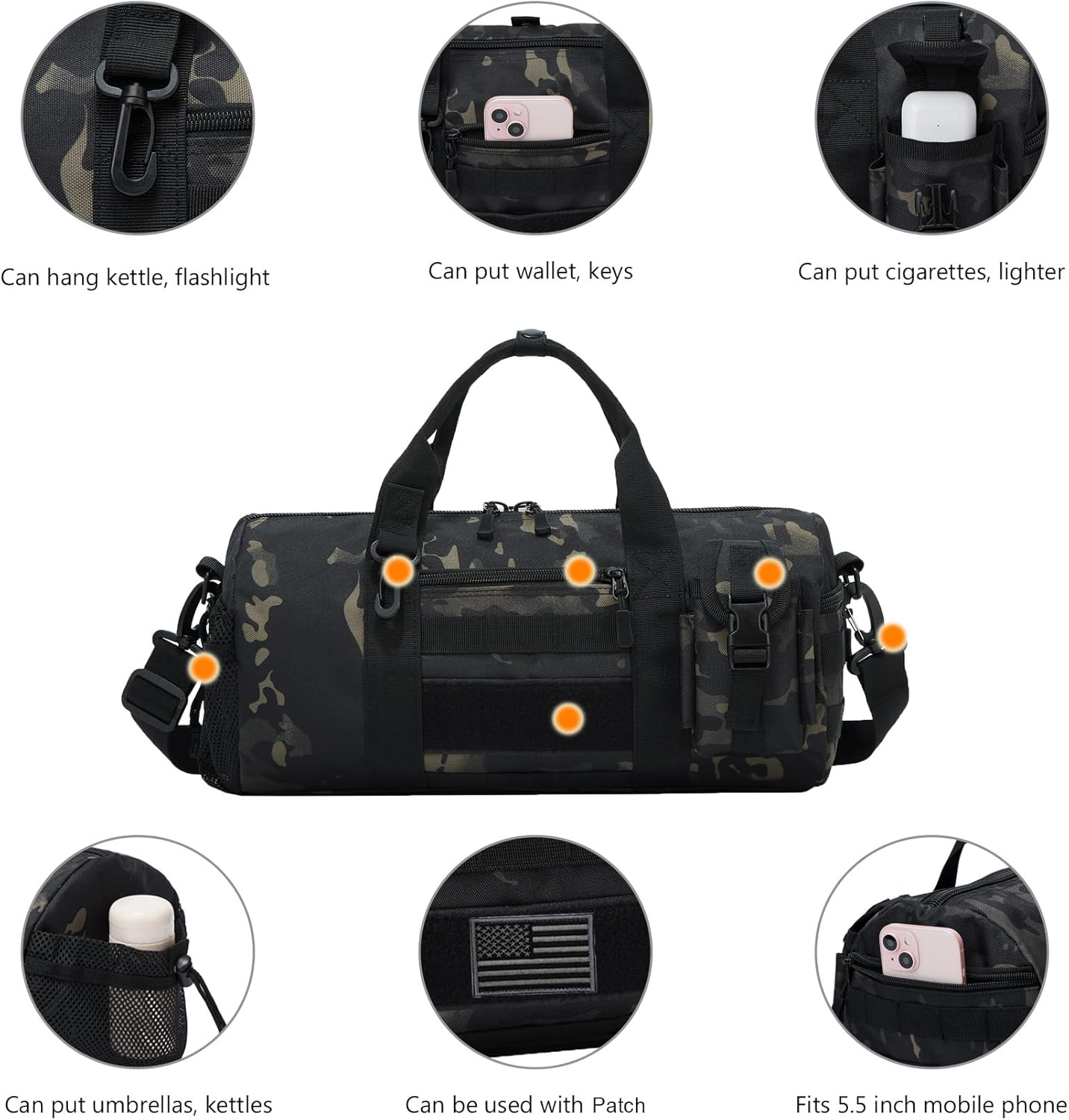 ArcEnCiel Small Tactical Duffle Bag Men Gym Pack Military Molle Shoulder Bags Shoes Storage Sports Handbag with Patch (Black Camo)