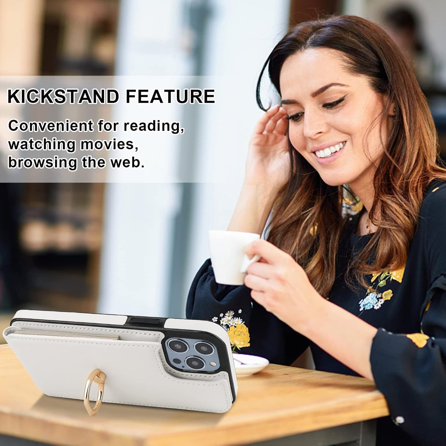 Folosu Compatible with iPhone 14 Pro Case Wallet with Card Holder, 360°Rotation Finger Ring Holder Kickstand, RFID Blocking Leather Protective Double Buttons Shockproof Cover 6.1 Inch White
