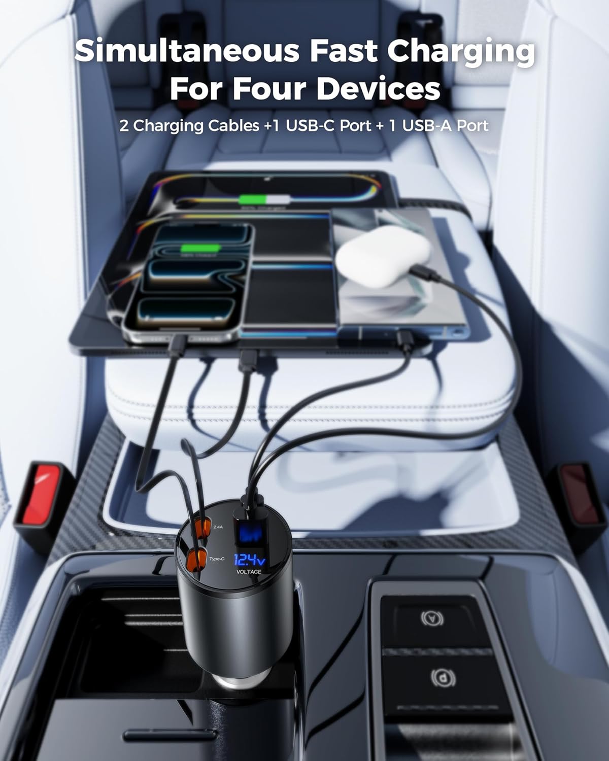 Retractable Car Charger, [2025 New] 4 in 1 Fast Car Phone Charger with Retractable Type C & L Cords, 120W USB Car Charging Adapter for iPhone 13 14 15 16 17Pro Max, Samsung Galaxy, Pixel