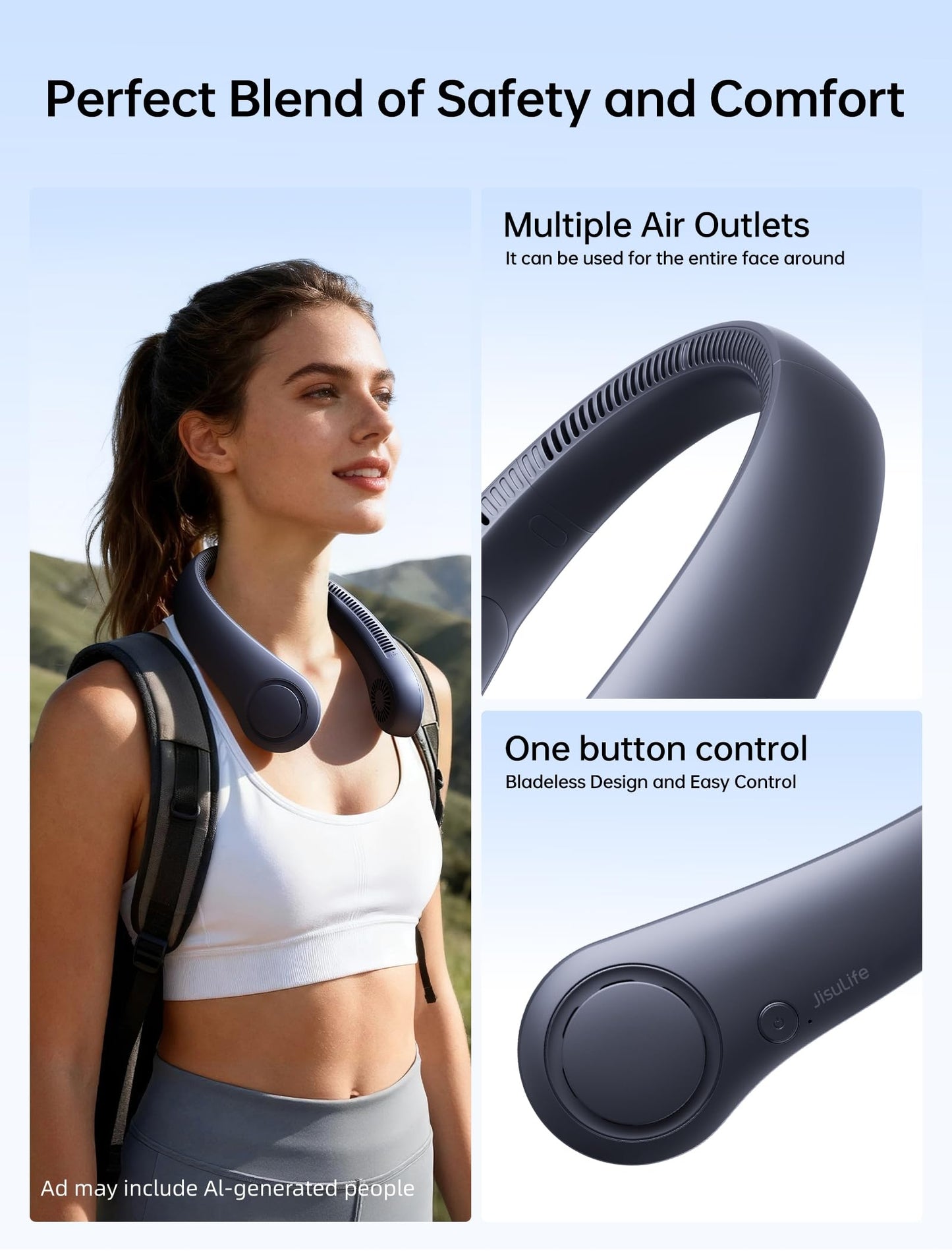 JISULIFE Portable Neck Fan, Hands Free Bladeless Fan, 5 Speeds, 4000 mAh