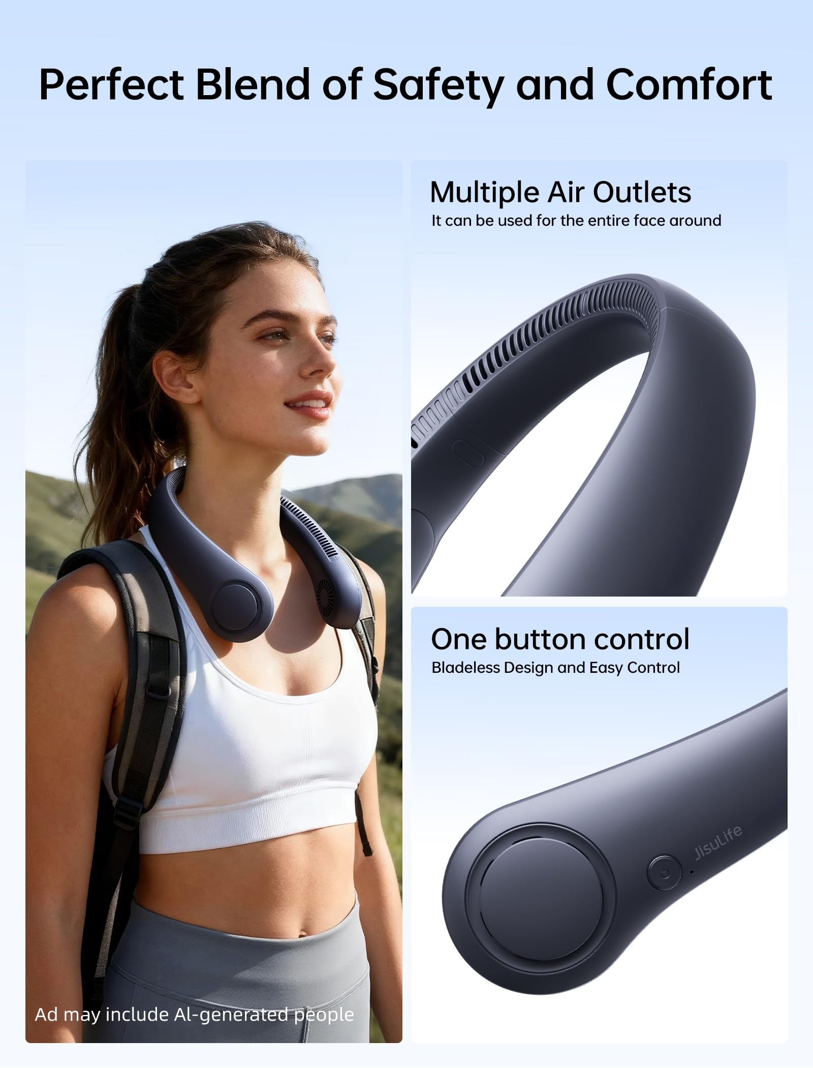JISULIFE Portable Neck Fan, Hands Free Bladeless Fan, 5 Speeds, 4000 mAh