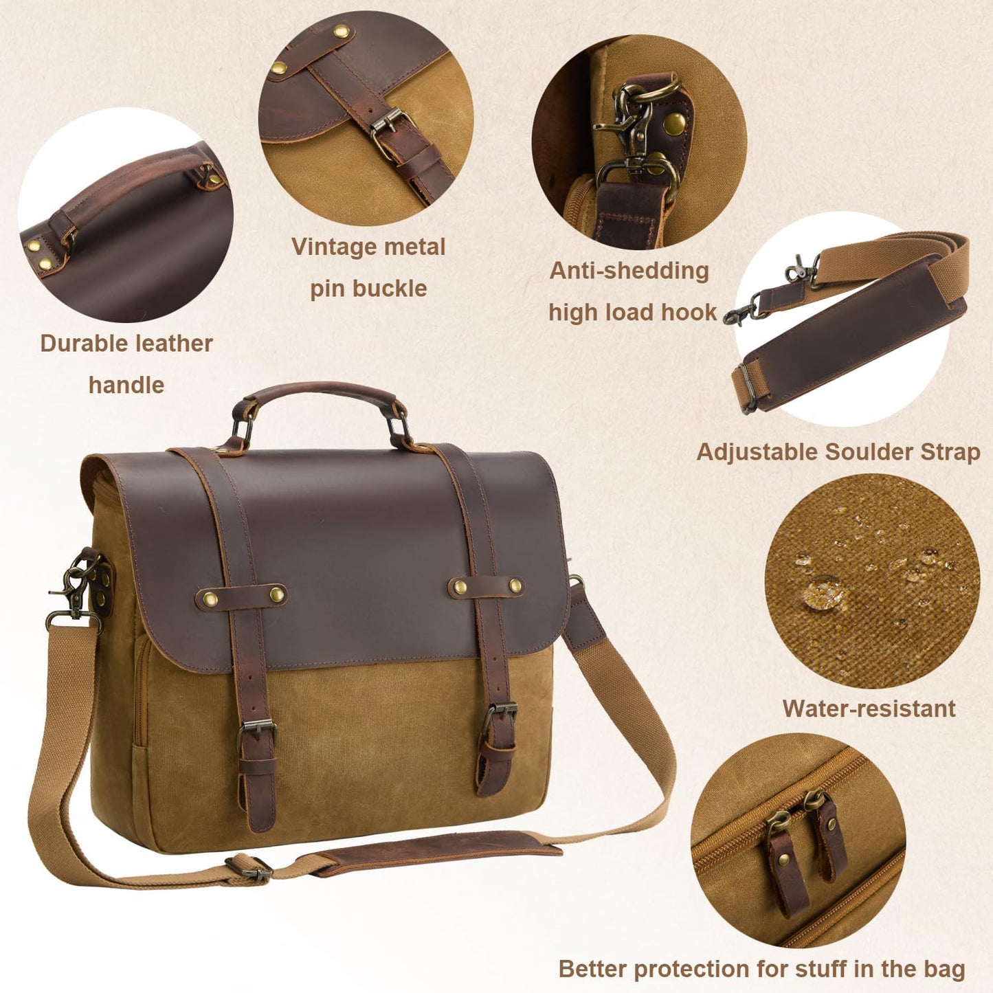 Mens Messenger Bag Waxed Canvas Laptop Briefcase 16“ Vintage Genuine Leather Crossbody Bags Waterproof Satchel Shoulder Bag