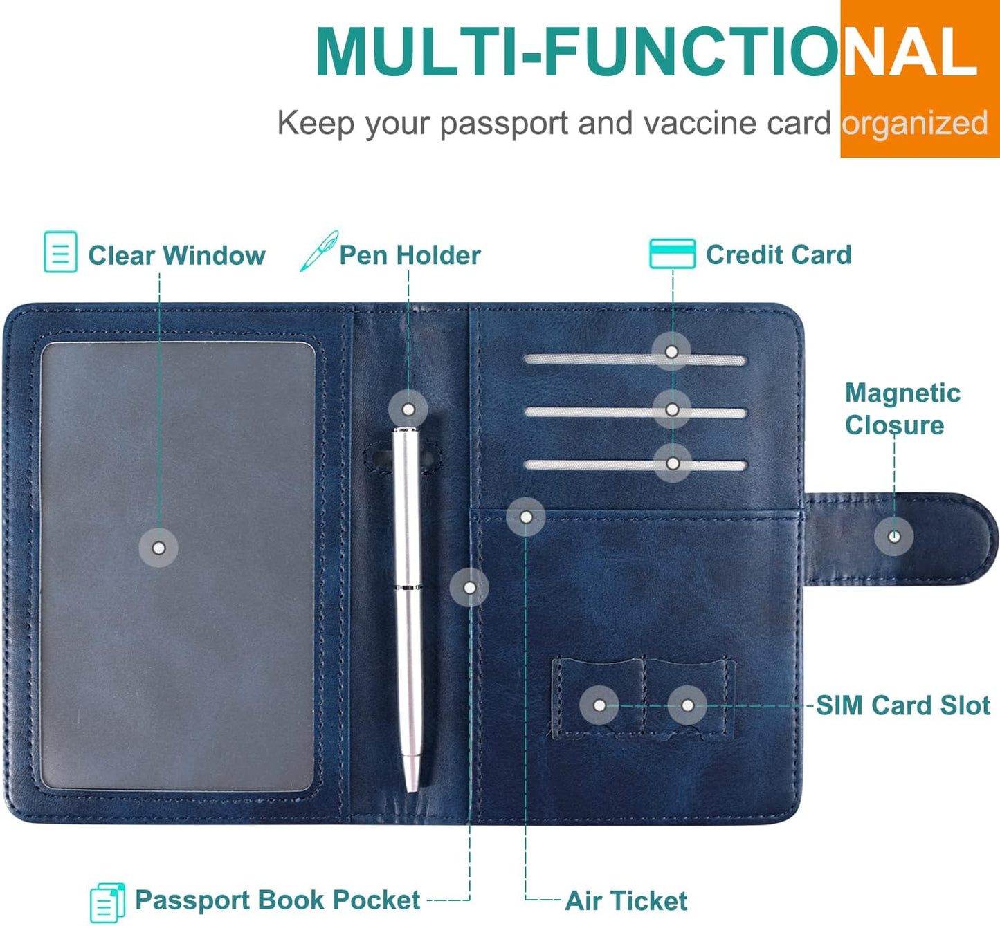 RSAquar Passport Holder for Women and Men, Premium PU Leather Travel Passport Wallet RFID Blocking Passport Cover Travel Documents Organizer with Pen Holder, Blue