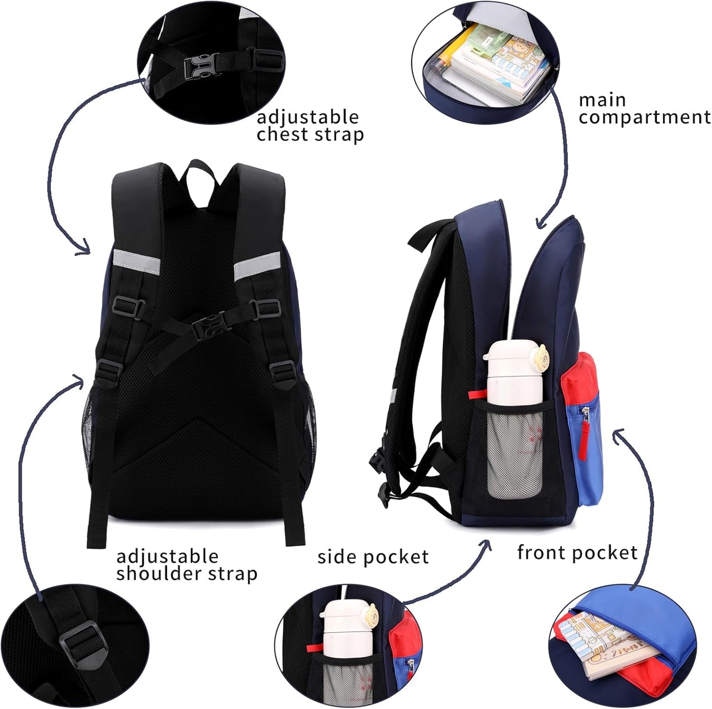 Toddler Backpack, Preschool Backpack for Kids Boys and Girls Kindergarten Preschool Bookbag with Chest Buckle 3-6Years (Navy Blue, Medium-15inch)