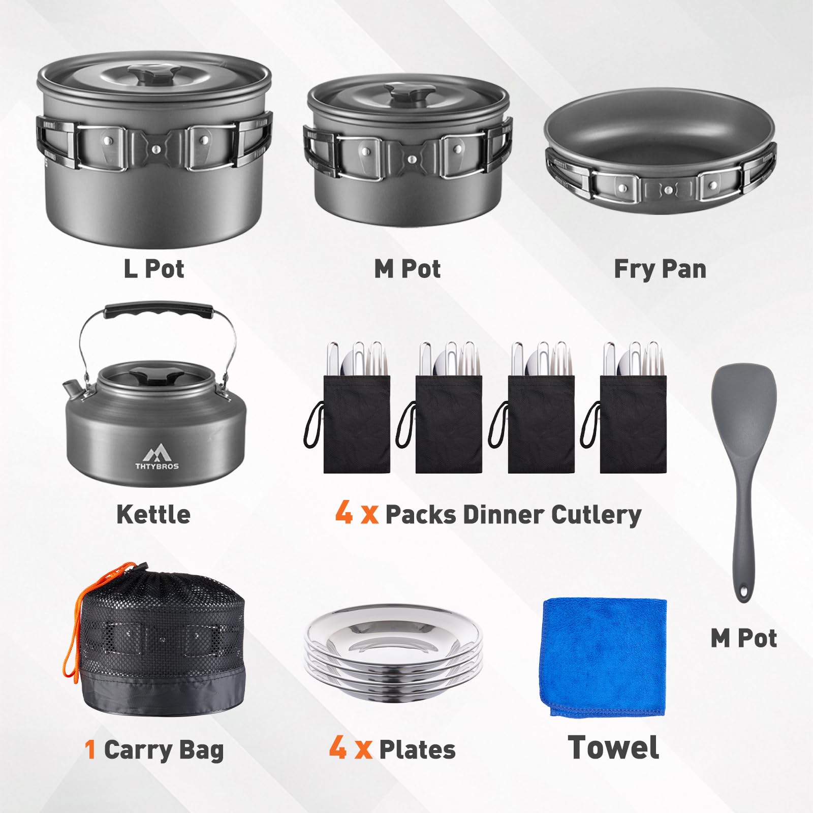 THTYBROS 27Pcs Camping Cookware Set for 4,Pots,Pan,Kettle,Tableware,Camping