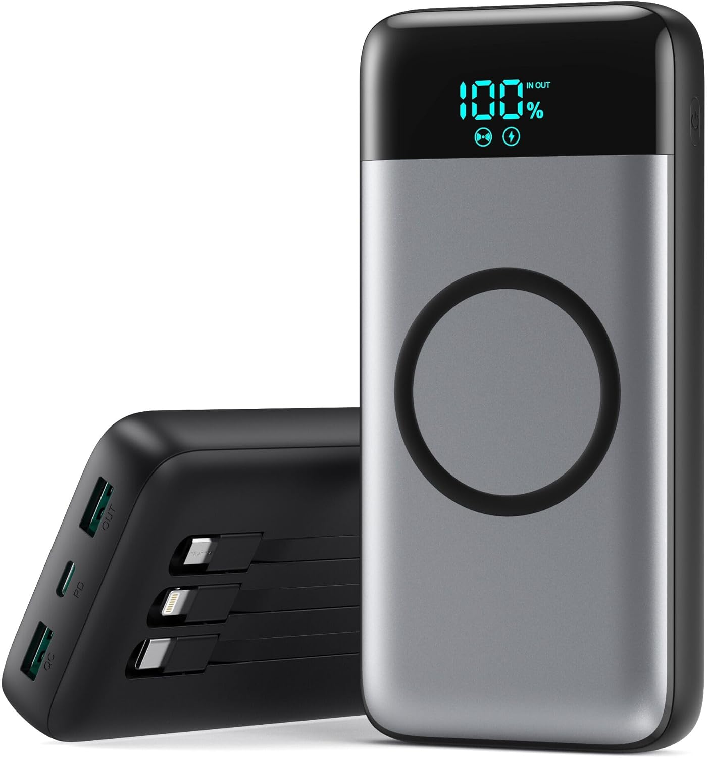 Wireless Portable Charger 40800mAh for iPhone with 3 Built-in Cables,7-in-1 15W Wireless Charging USB C Power Bank, 25W PD QC4.0 Fast Charging Travel Essential Battery Pack for iPhone 17/16/15,Android