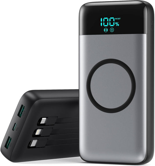 Wireless Portable Charger 40800mAh for iPhone with 3 Built-in Cables,7-in-1 15W Wireless Charging USB C Power Bank, 25W PD QC4.0 Fast Charging Travel Essential Battery Pack for iPhone 17/16/15,Android